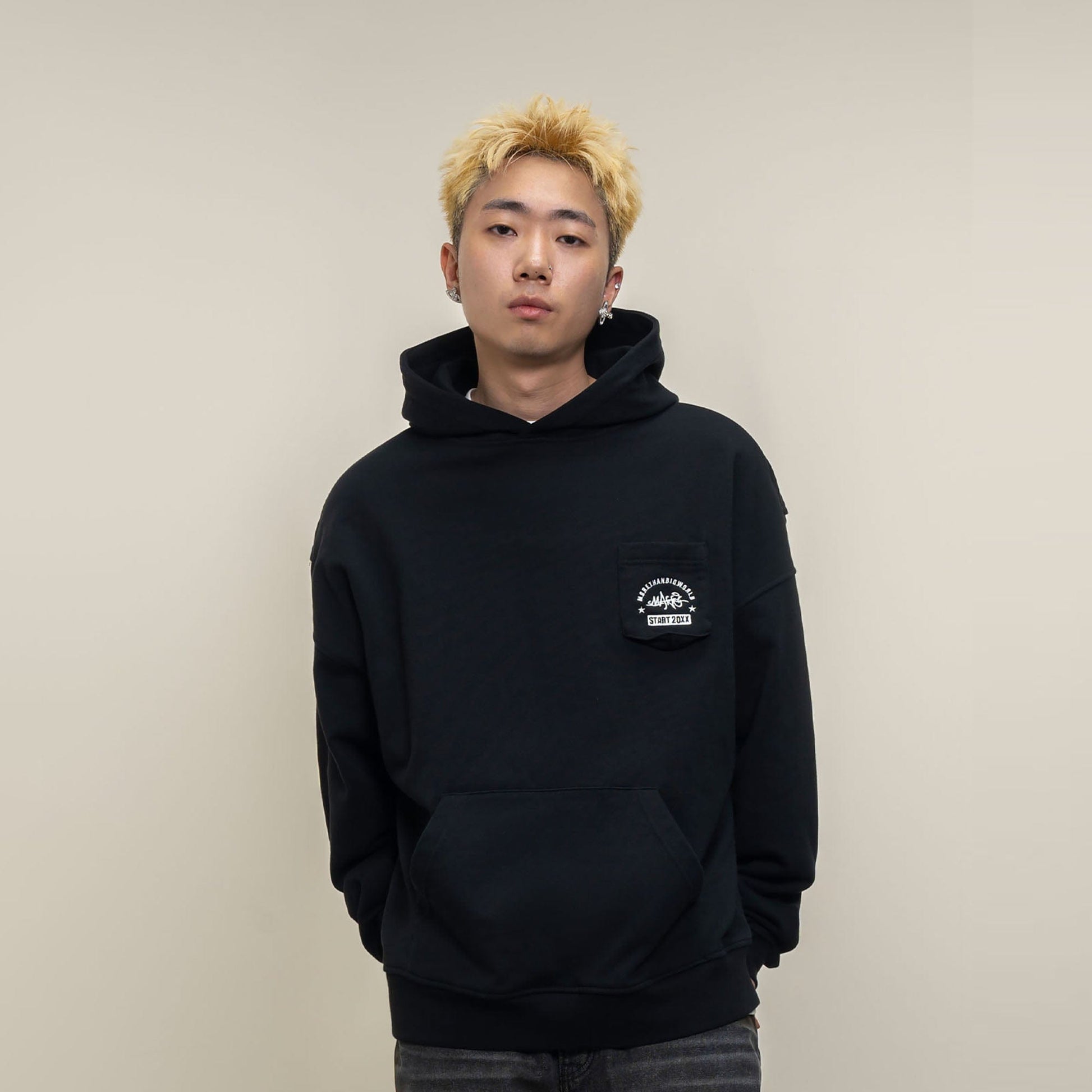 MAKEMORE Faux-Layer Embroidered Pocket Hoodie-Hoodie-S-Black-Free Shipping Leatheretro