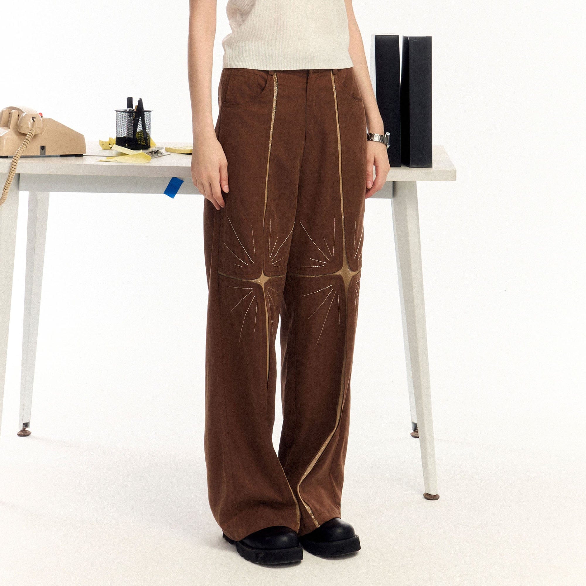 OIPWORD Middle Radiant Star Panel Wide-Leg Pants-Pants-S-Khaki-Free Shipping Leatheretro