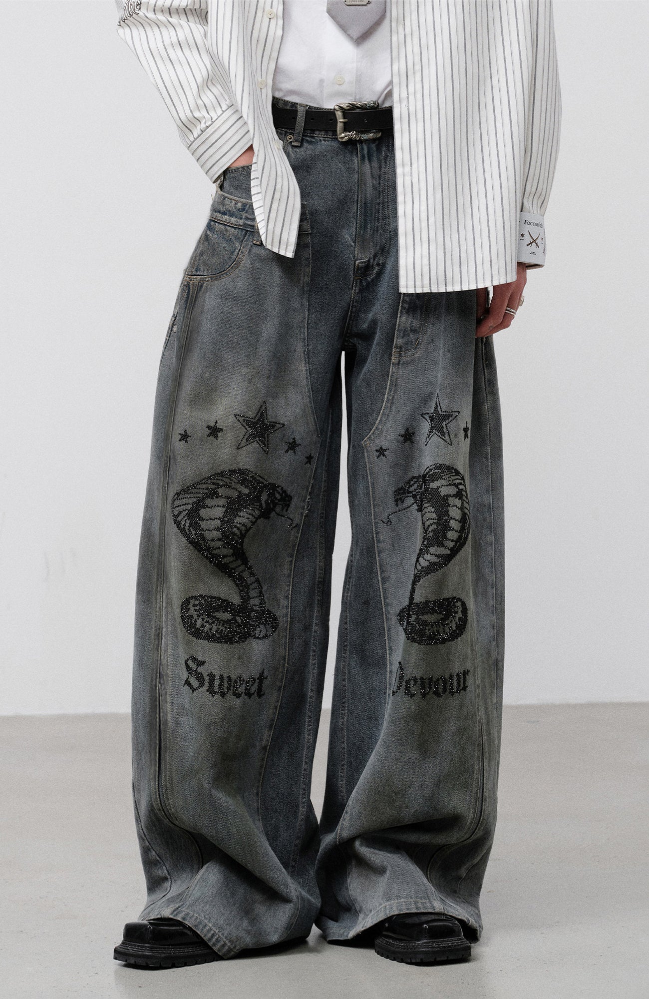 FACEONLAB Double Waistband Diamond Snake Graphic Jeans-Jeans-S (Preorder)-Free Shipping Leatheretro