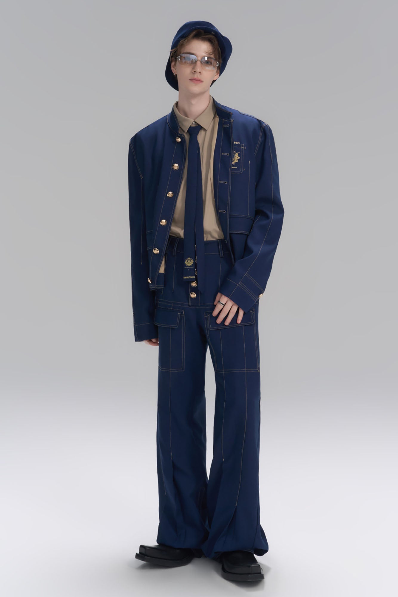 TIWILLTANG Stitched Button-Up Pleated Flared Pants