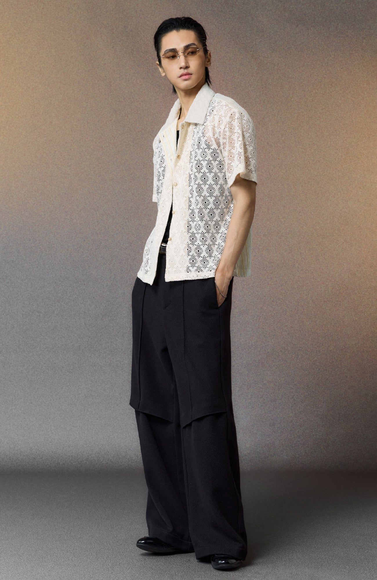 ALVNG AR ANTS Open-Knit Diamond Panel Short-Sleeve Shirt-Shirt-S-Black-Free Shipping Leatheretro