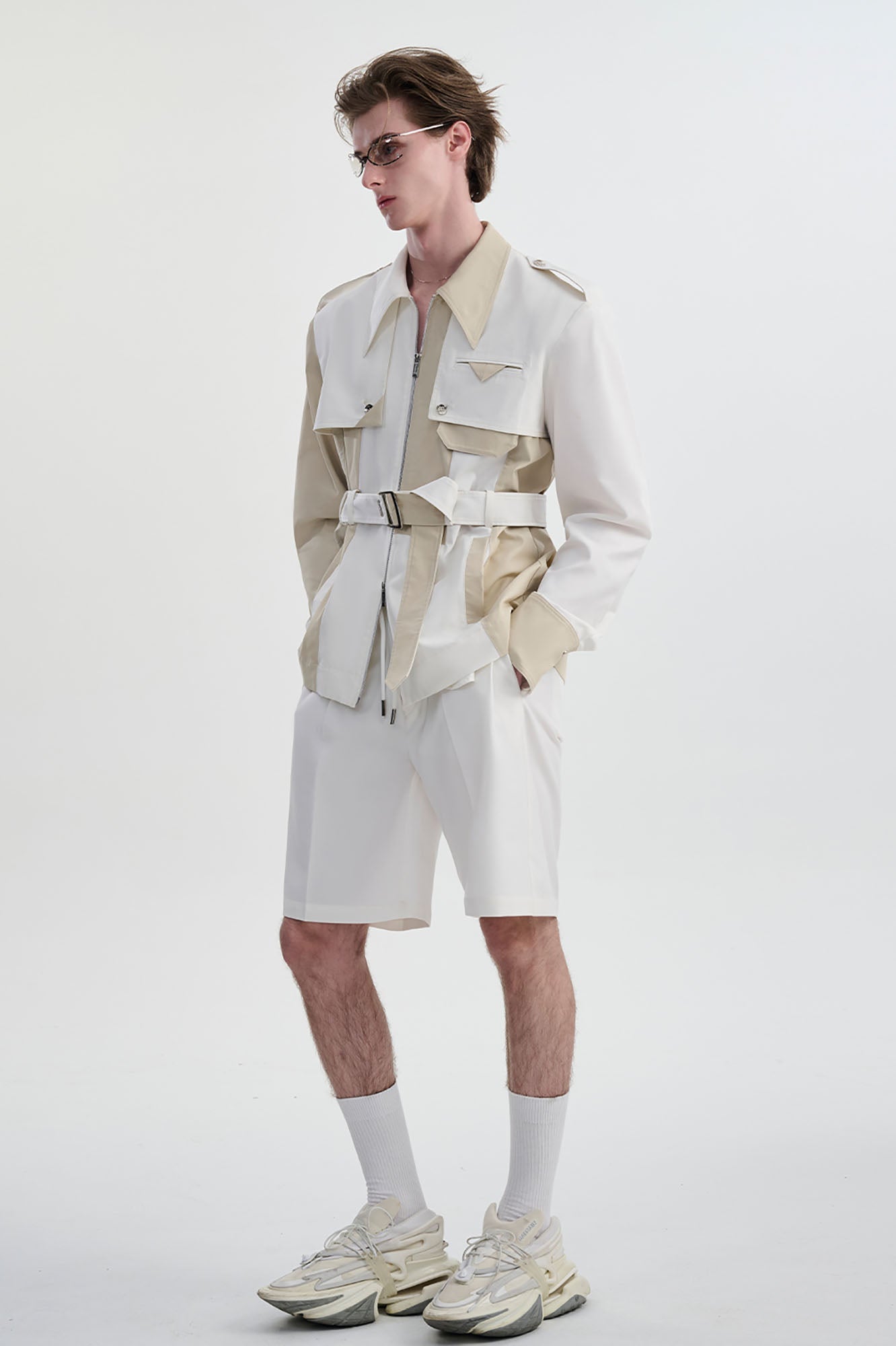 TIWILLTANG Contrast Deconstructed Belted Zip-Up Shirt-Shirt-S-Khaki-Free Shipping Leatheretro