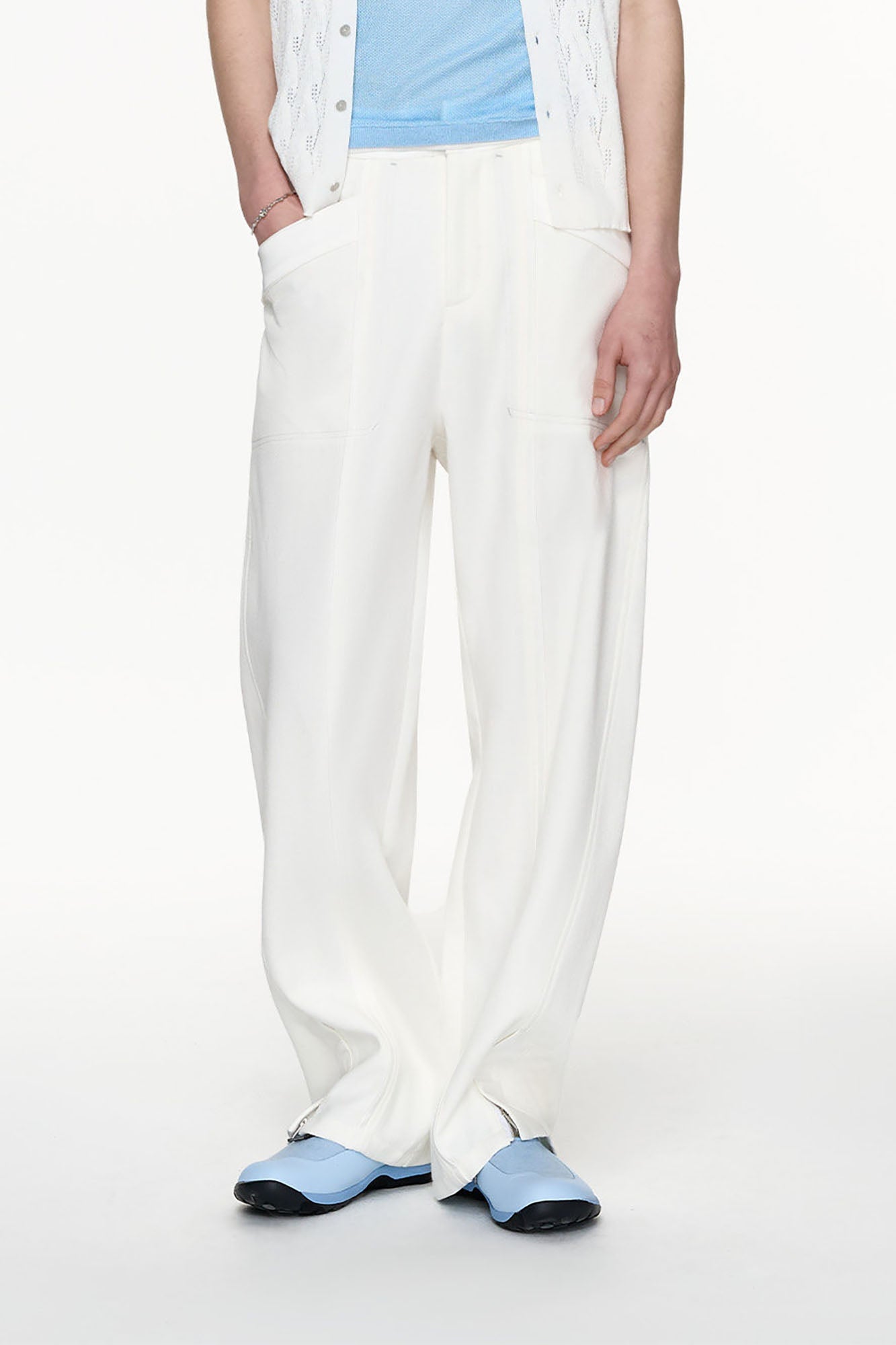 TIWILLTANG Paneled Zipper-Hem Wide-Leg Pants White-Pants-S (Preorder)-Free Shipping Leatheretro