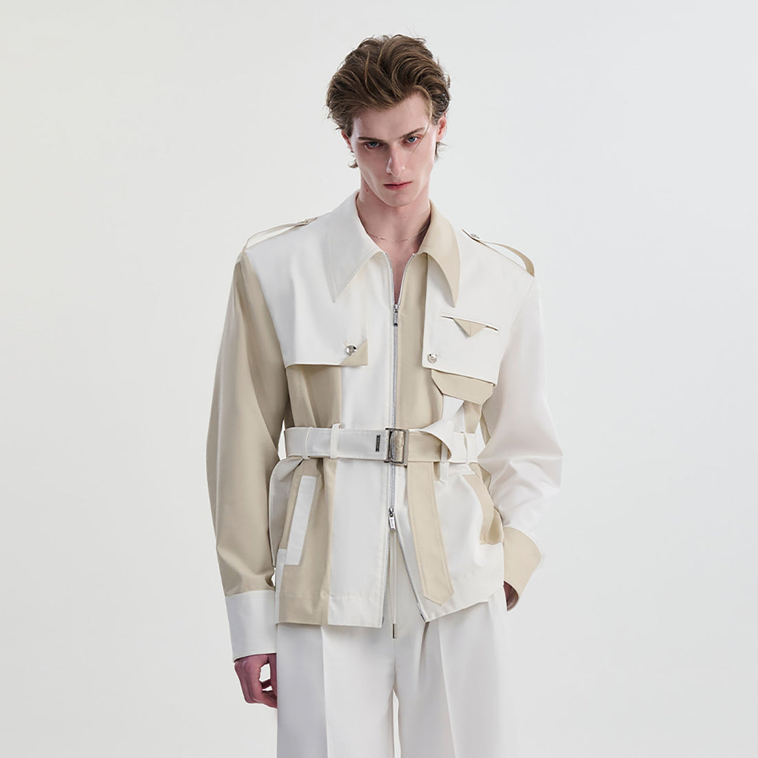 TIWILLTANG Contrast Deconstructed Belted Zip-Up Shirt-Shirt-S-Khaki-Free Shipping Leatheretro