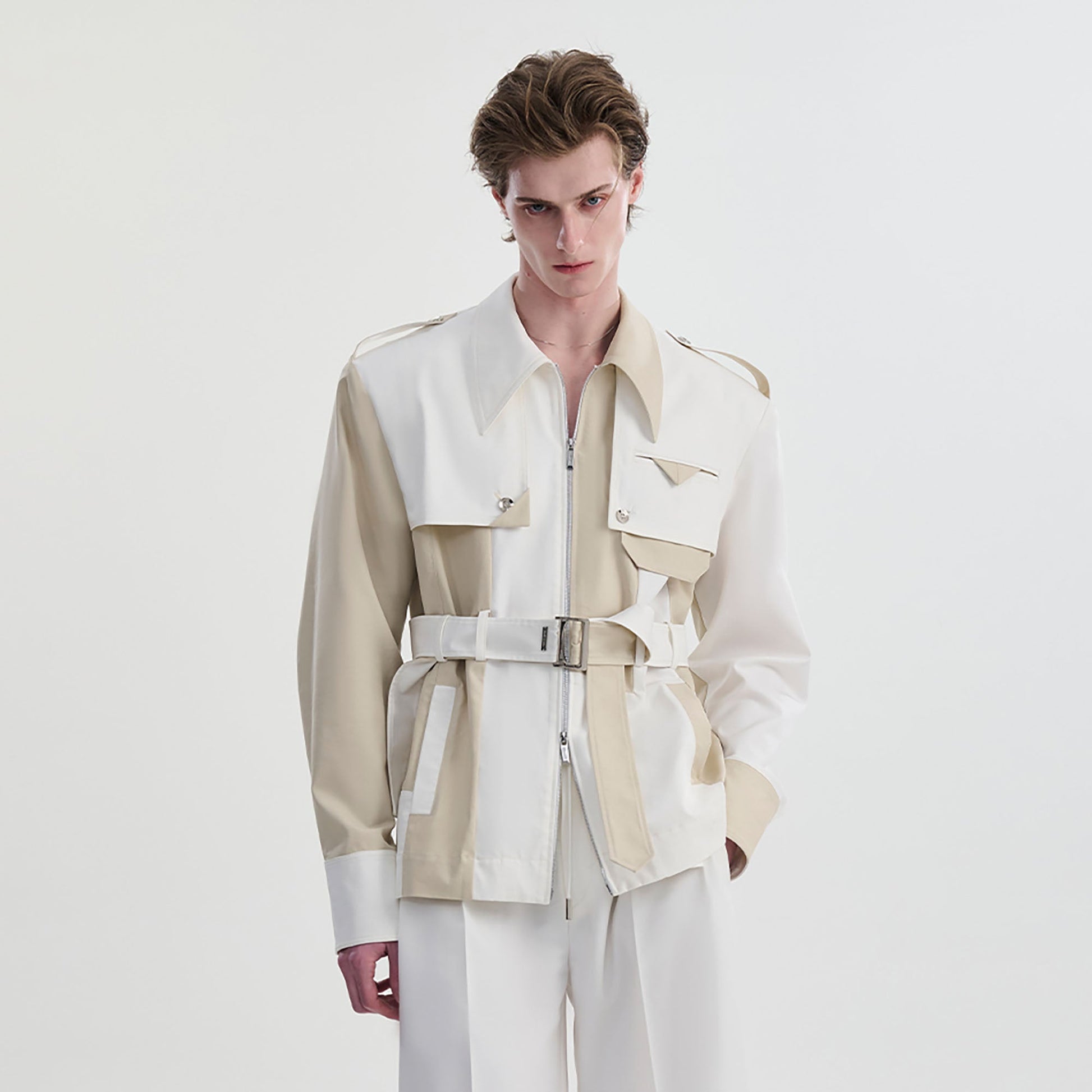 TIWILLTANG Contrast Deconstructed Belted Zip-Up Shirt-Shirt-S-Khaki-Free Shipping Leatheretro
