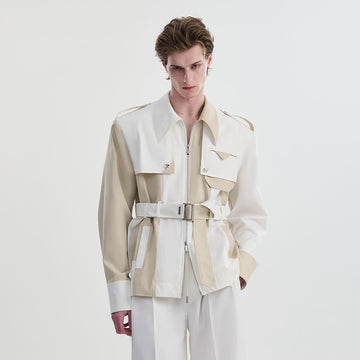 TIWILLTANG Contrast Deconstructed Belted Zip-Up Shirt-Shirt-S-Khaki-Free Shipping Leatheretro