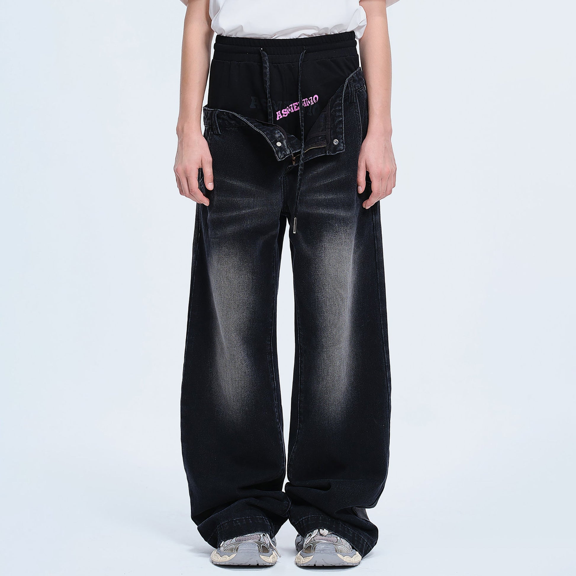 TIWILLTANG Layered Sweatband Washed Denim Pants-Jeans-S-Black-Free Shipping Leatheretro