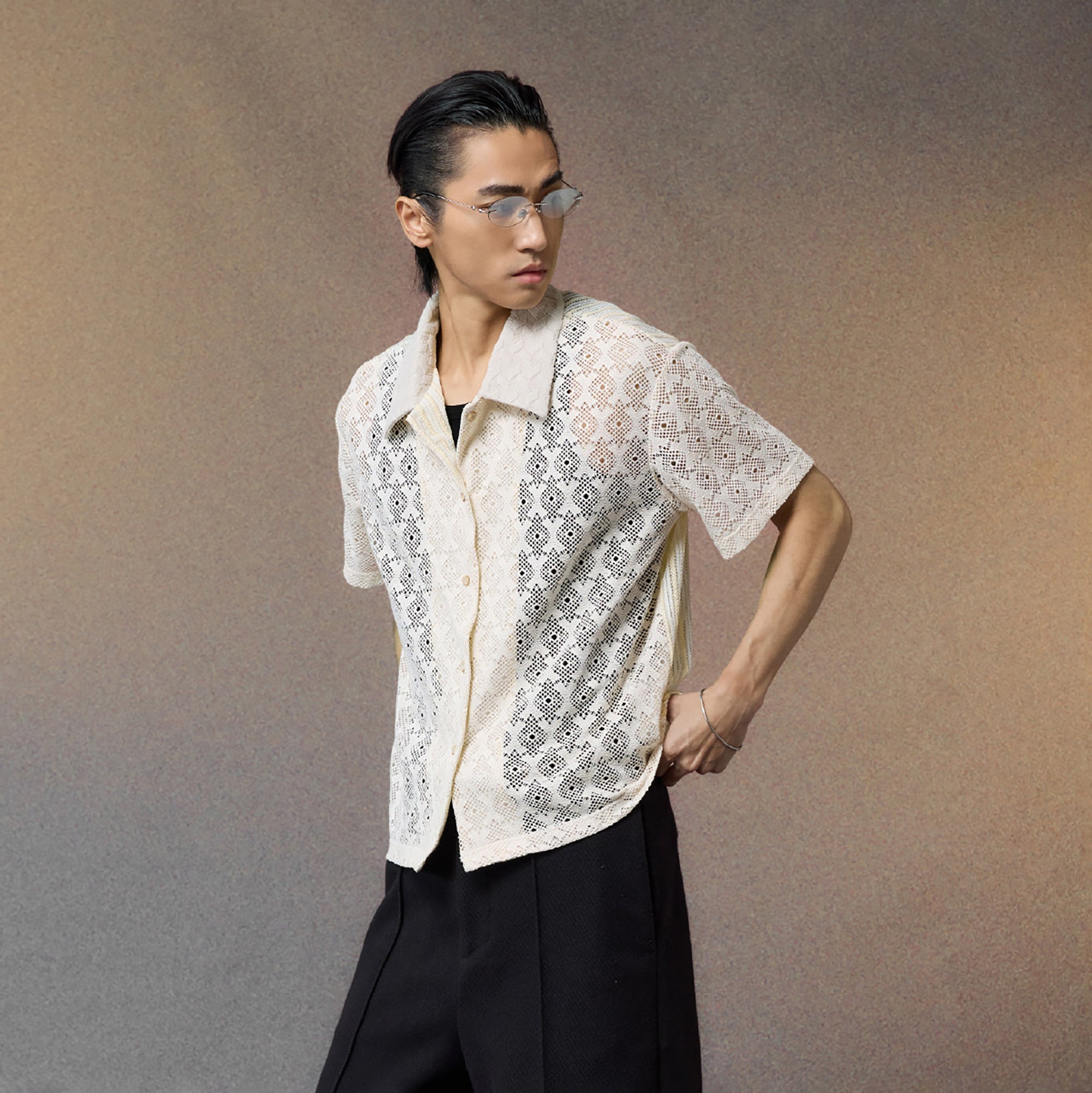 ALVNG AR ANTS Open-Knit Diamond Panel Short-Sleeve Shirt-Shirt-S-Black-Free Shipping Leatheretro