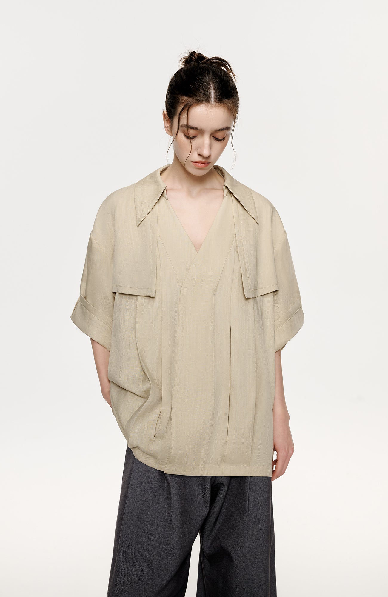 TIWILLTANG Layered Lapel Half Shirt-Half shirt-S-Khaki-Free Shipping Leatheretro