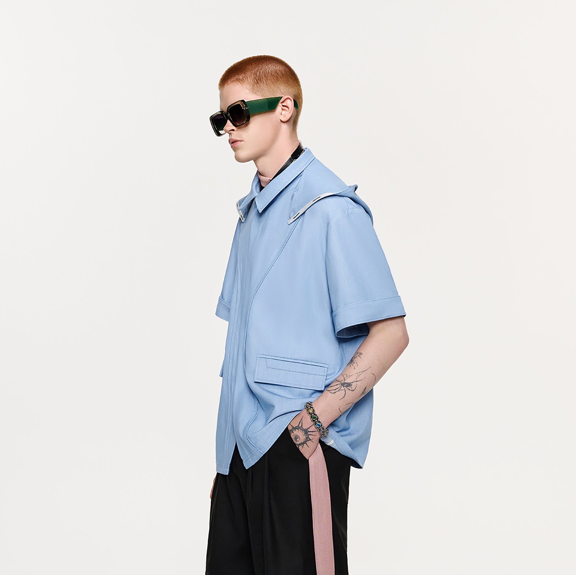 TIWILLTANG Hidden Placket Detachable Hood Half Shirt-Half shirt-S-Blue-Free Shipping Leatheretro