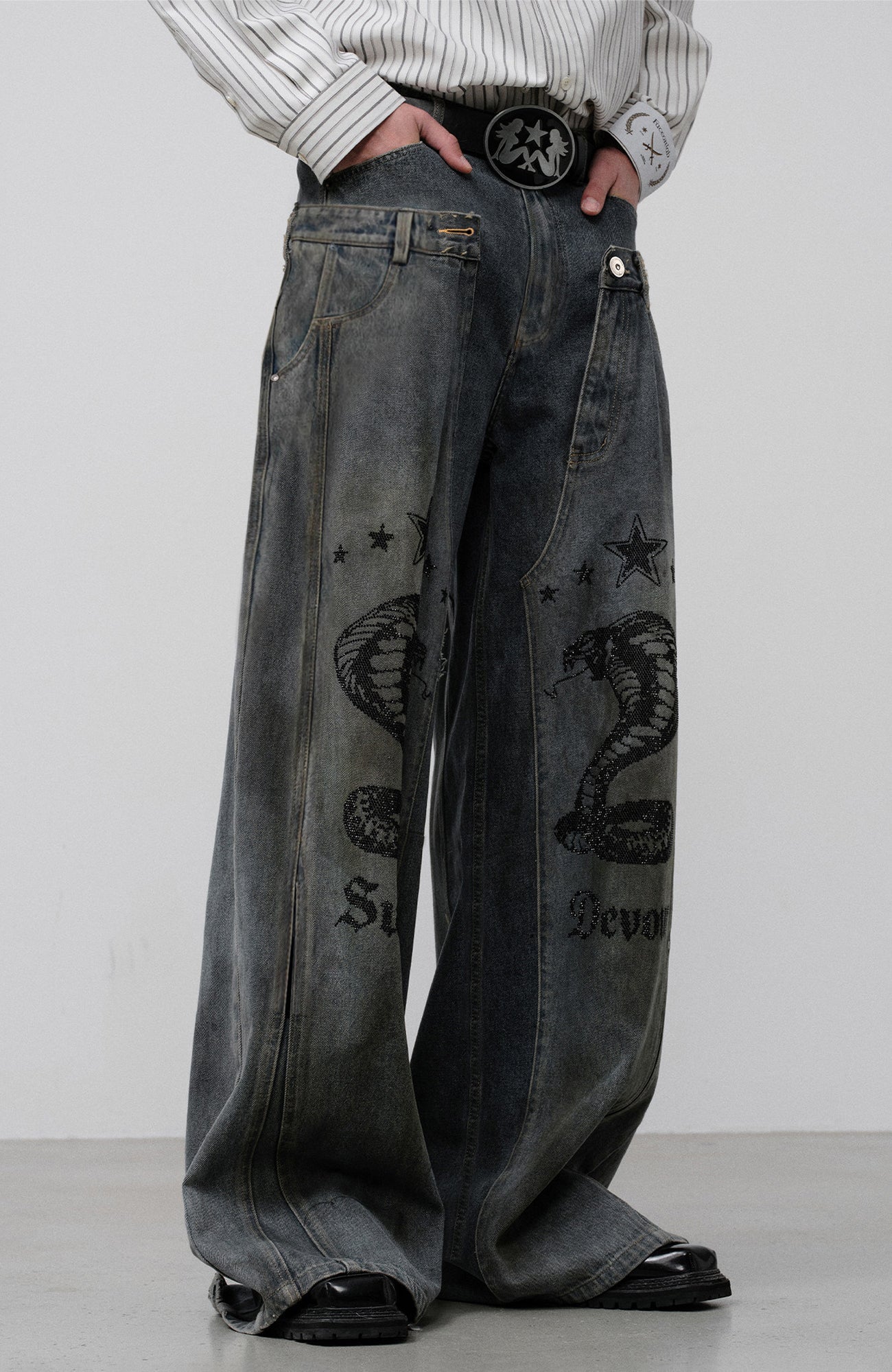 FACEONLAB Double Waistband Diamond Snake Graphic Jeans-Jeans-S (Preorder)-Free Shipping Leatheretro