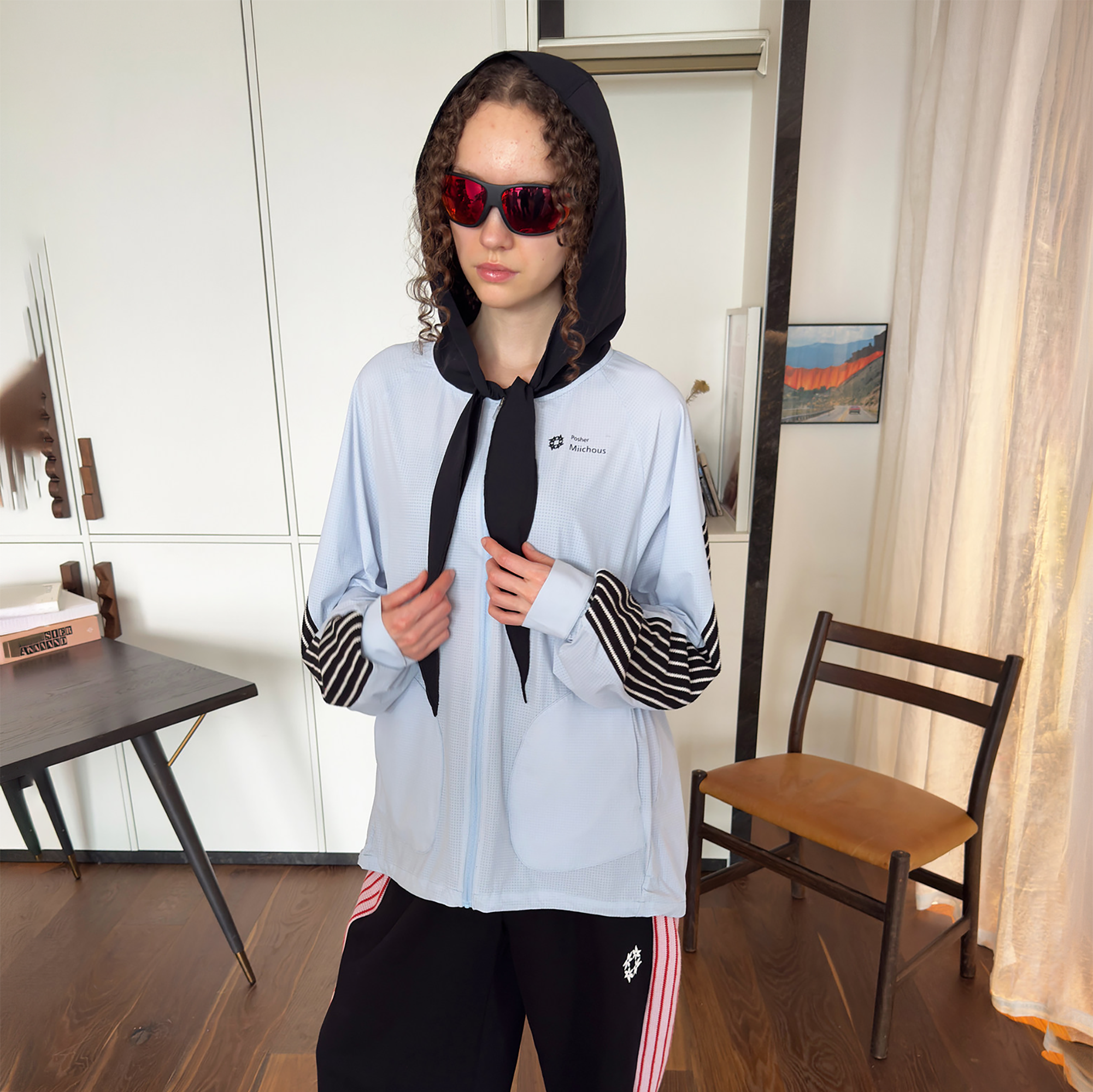 MIICHOUS Contrast Stripes Hooded Tie-Neck UV Protection Jacket-Jacket-S (Preorder)-Free Shipping Leatheretro