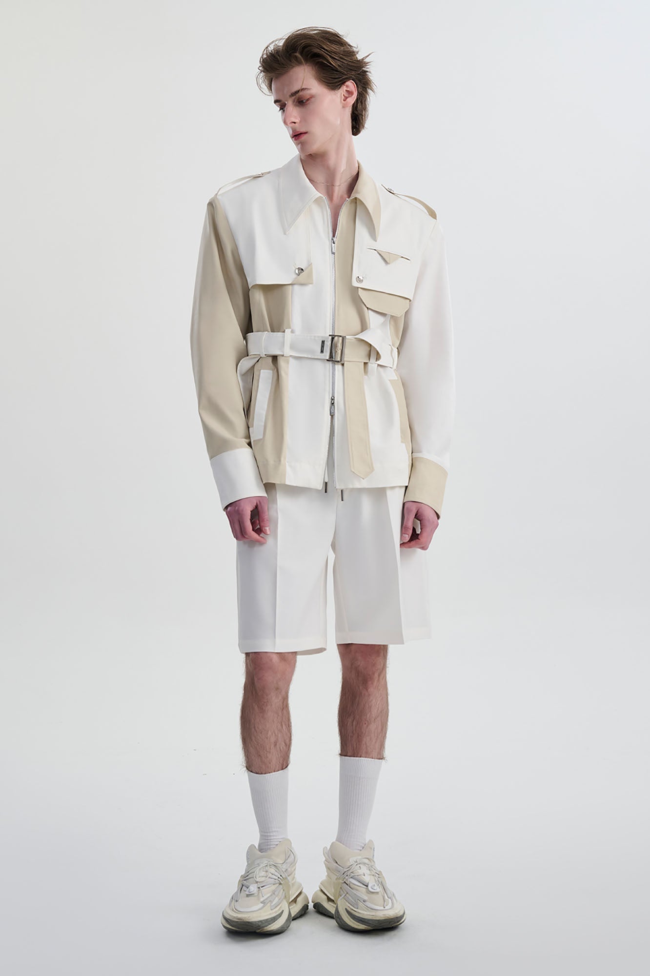 TIWILLTANG Contrast Deconstructed Belted Zip-Up Shirt-Shirt-S-Khaki-Free Shipping Leatheretro