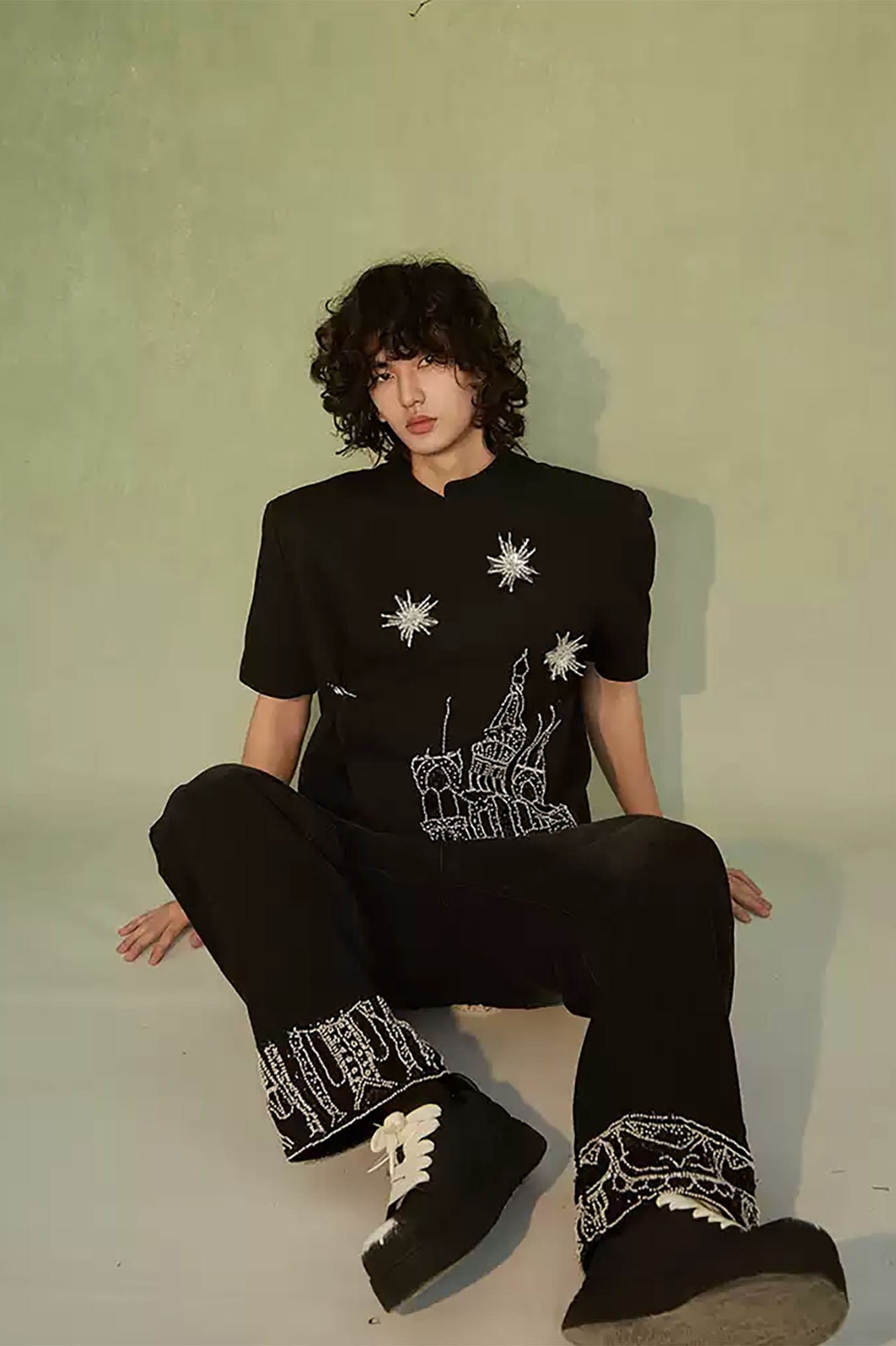 JIECHI Starry Castle Embellished T-Shirt-T Shirt-M-Free Shipping Leatheretro