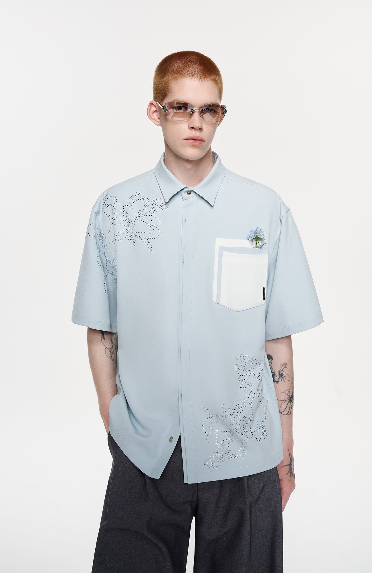 TIWILLTANG Floral Diamond Layered Pocket Half Shirt-Half shirt-S-Free Shipping Leatheretro