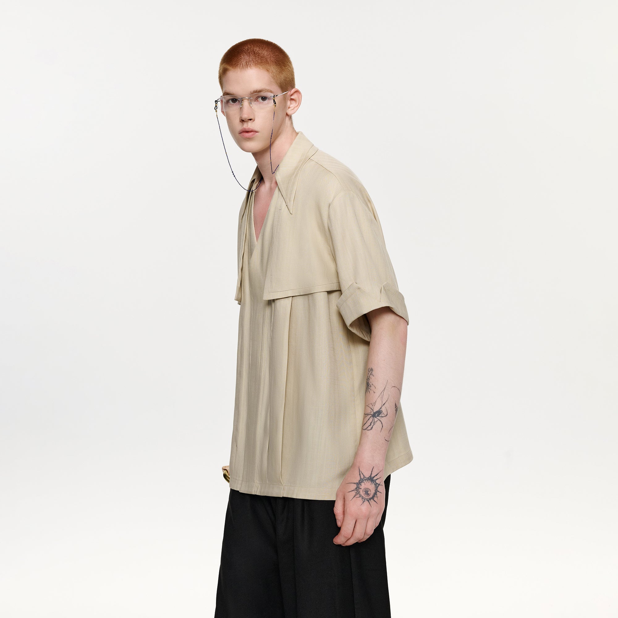 TIWILLTANG Layered Lapel Half Shirt-Half shirt-S-Khaki-Free Shipping Leatheretro
