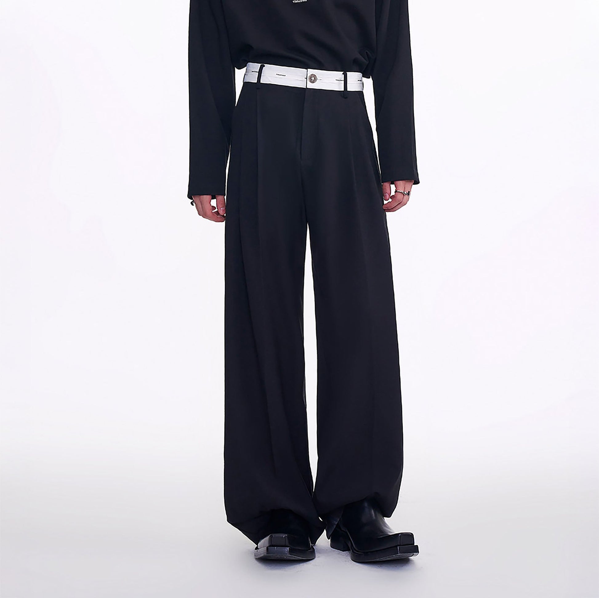 TIWILLTANG Contrast Panel Pleated Straight-Leg Pants-Pants-S-Black-Free Shipping Leatheretro