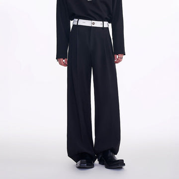 TIWILLTANG Contrast Panel Pleated Straight-Leg Pants-Pants-S-Black-Free Shipping Leatheretro