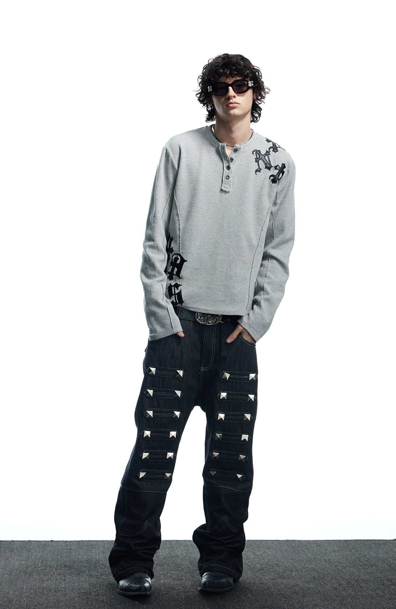 DND4DES Waffle-Knit Gothic Henley Long-Sleeve Tee-L/S Tee-S-Black-Free Shipping Leatheretro