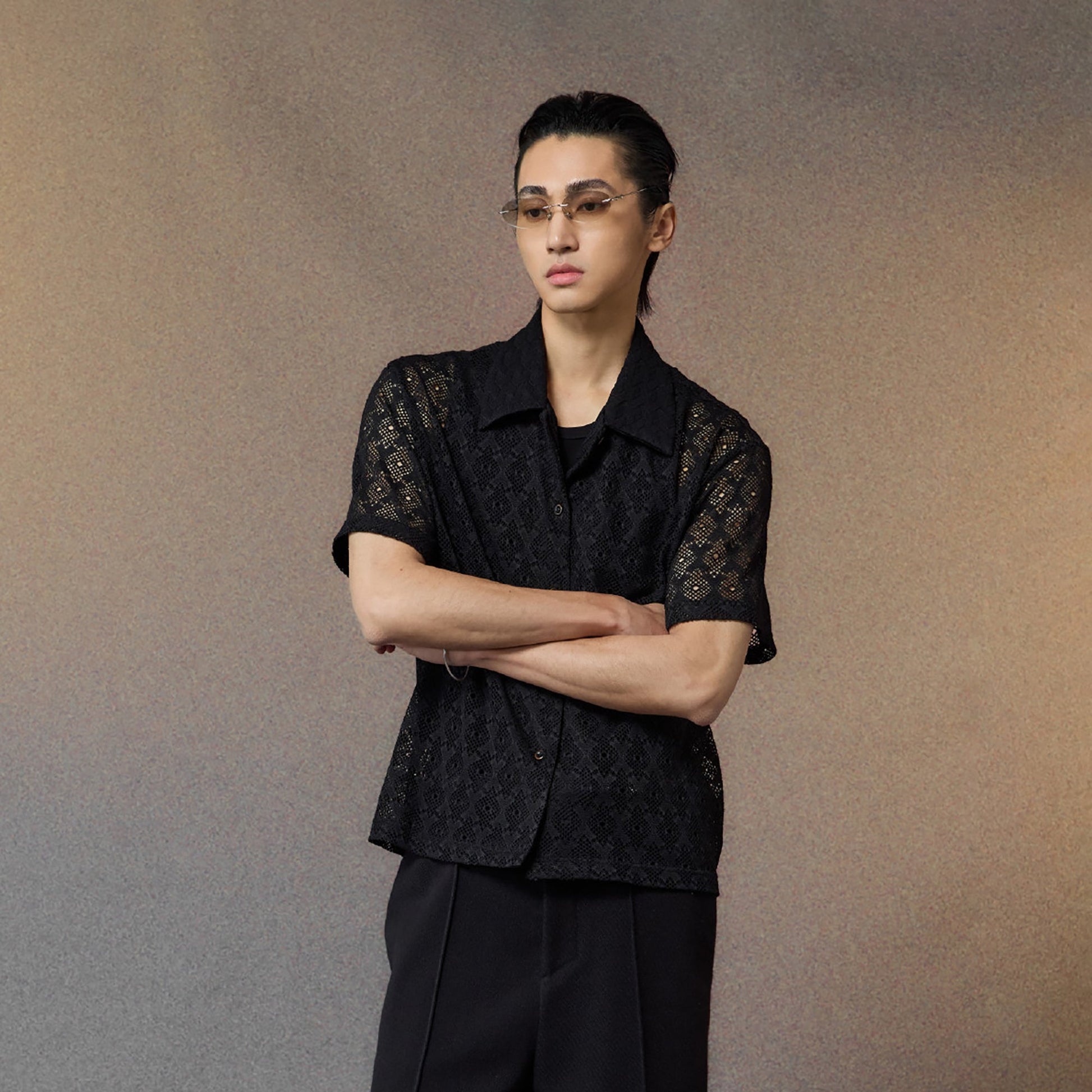 ALVNG AR ANTS Open-Knit Diamond Panel Short-Sleeve Shirt-Shirt-S-Black-Free Shipping Leatheretro