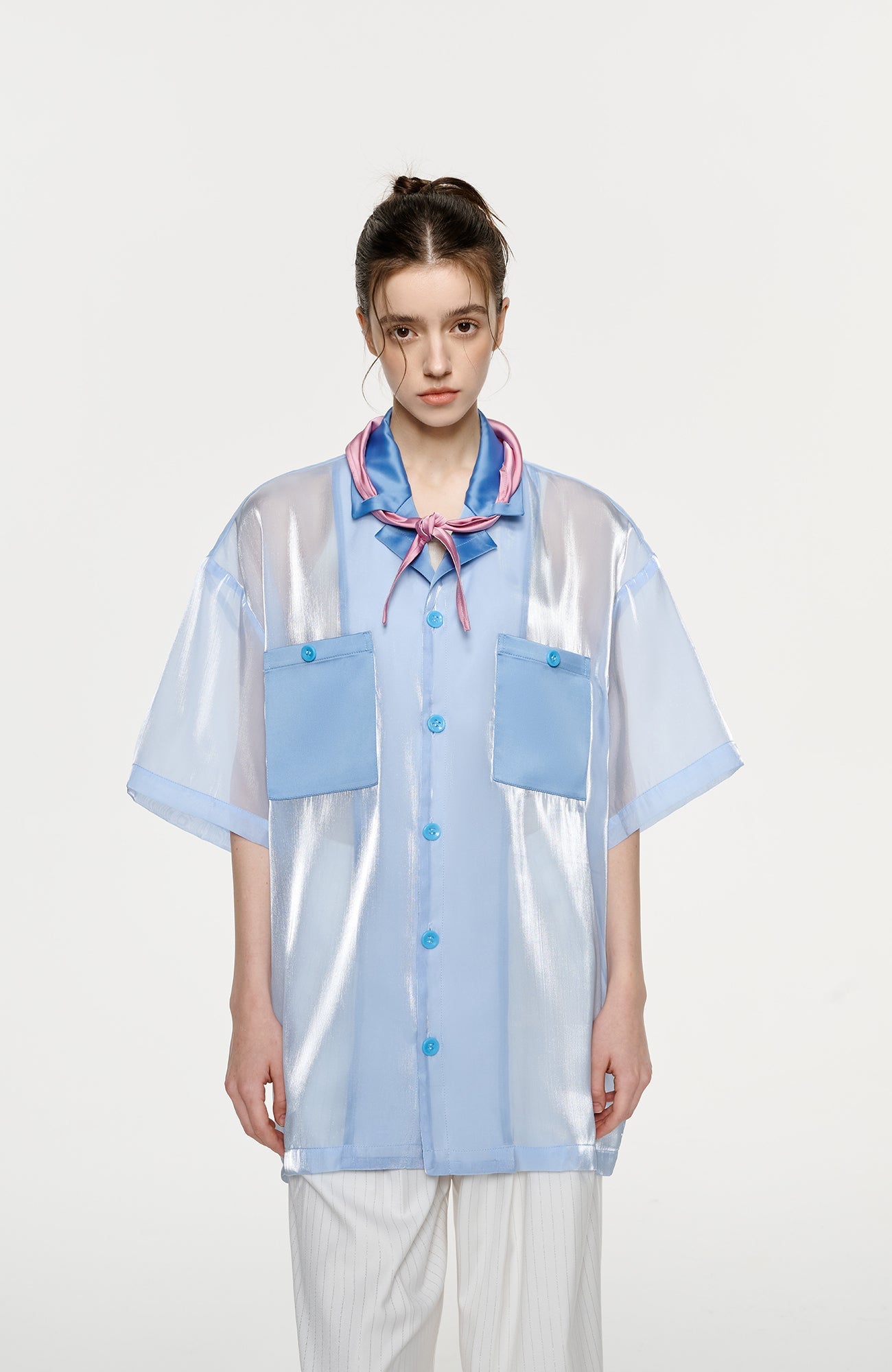 TIWILLTANG Contrast Tie-Neck Sheer Half Shirt-Half shirt-S-Free Shipping Leatheretro