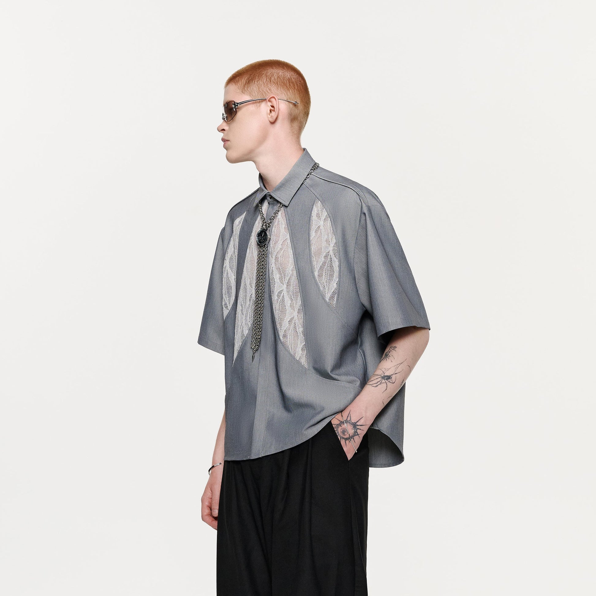 TIWILLTANG Leaf Lace Paneled Half Shirt-Half shirt-S-Free Shipping Leatheretro