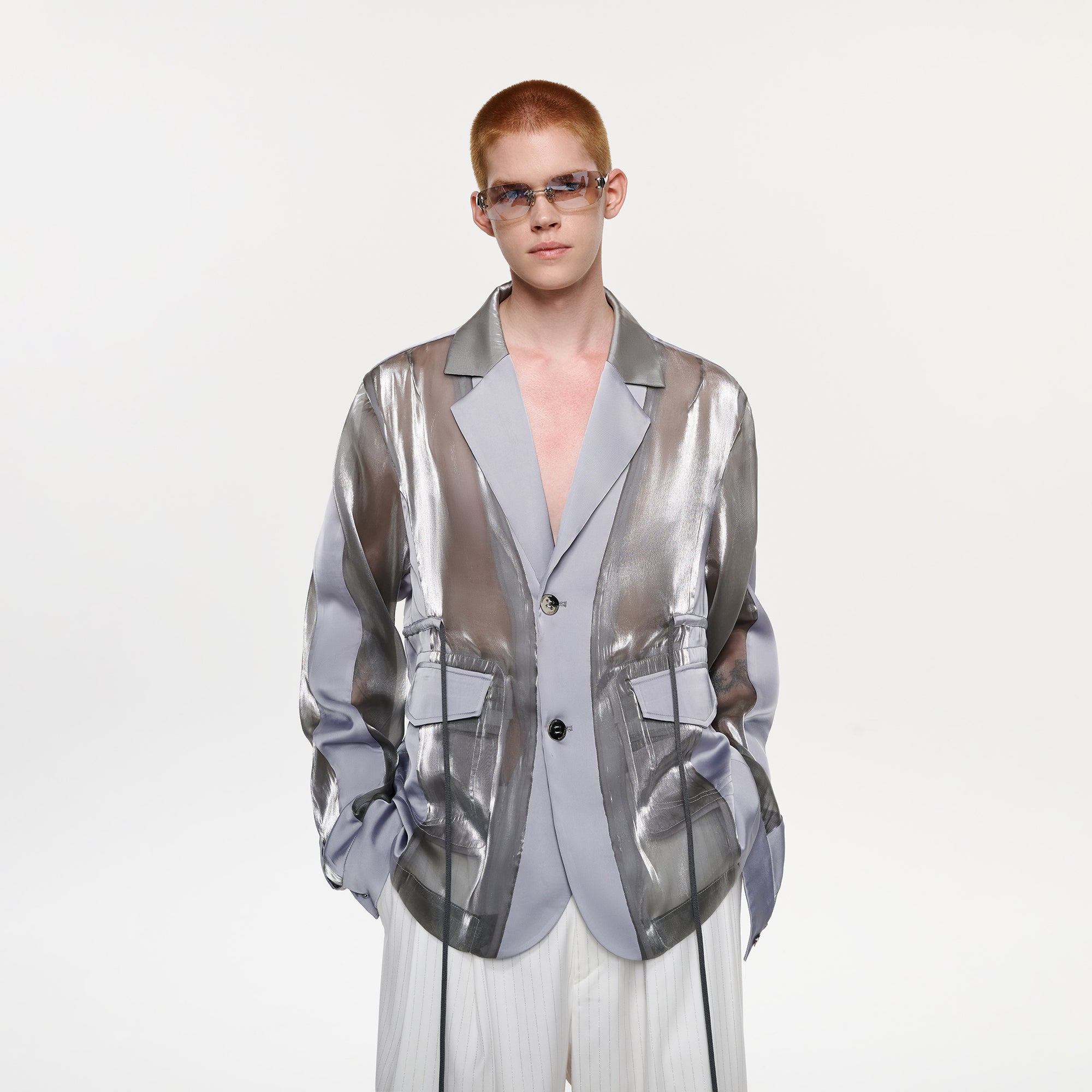 TIWILLTANG Drawstring Lustrous Paneled Blazer-Jacket-S-Free Shipping Leatheretro