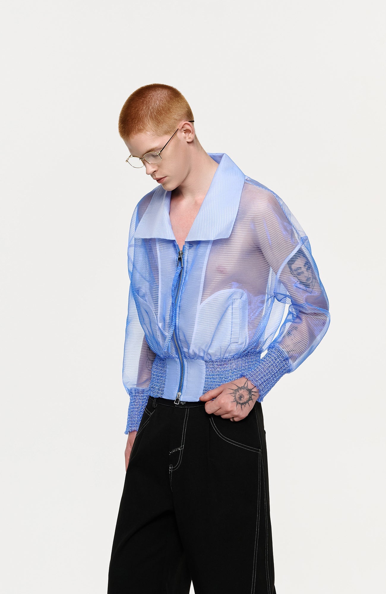 TIWILLTANG Sheer Zip-Up Cropped Jacket-Jacket-S-Blue-Free Shipping Leatheretro
