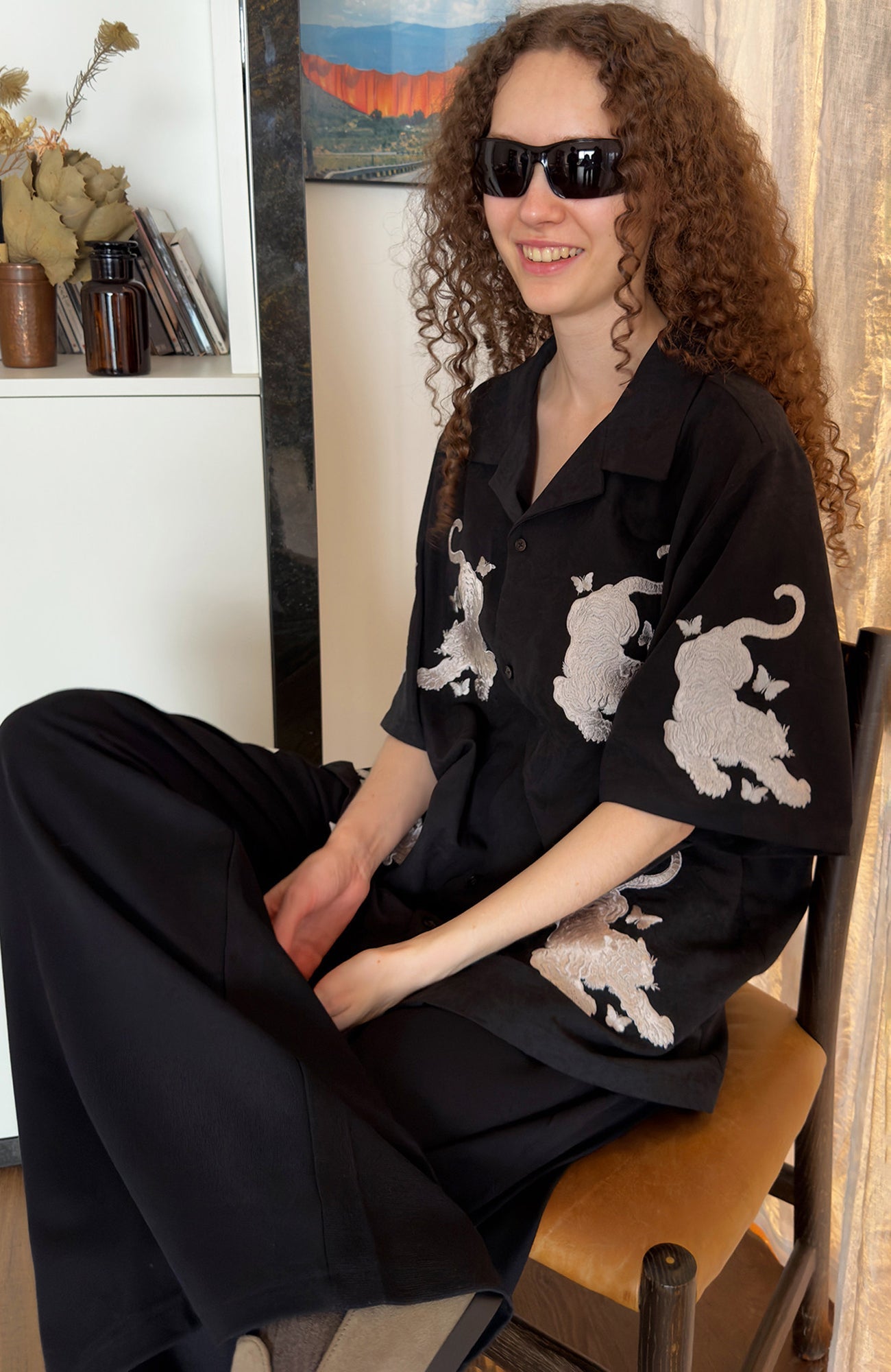 MIICHOUS Tiger Butterfly Satin Embroidered Half Shirt-Half shirt-S (Preorder)-Gray-Free Shipping Leatheretro