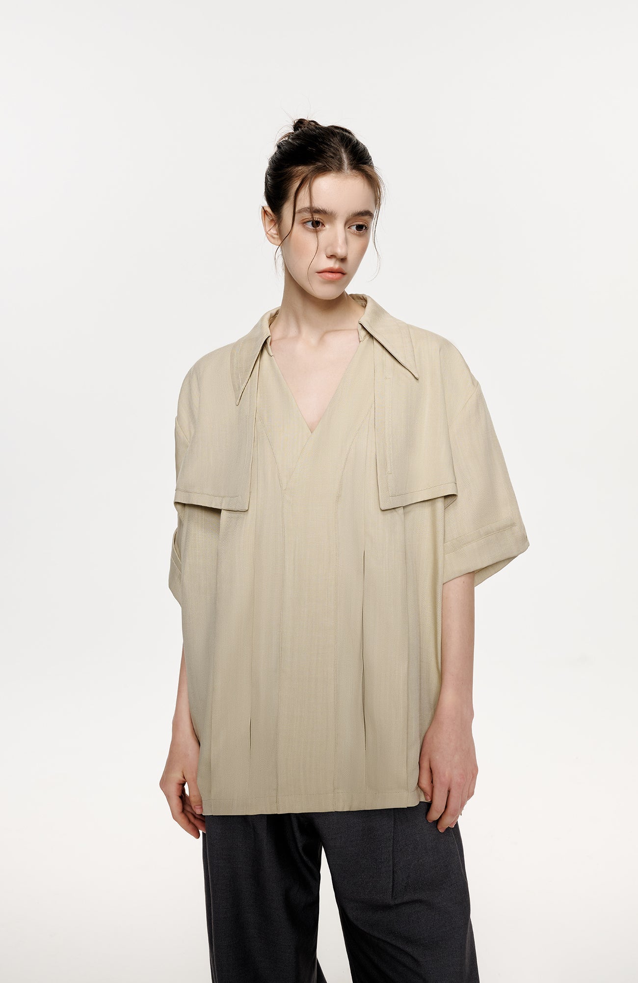 TIWILLTANG Layered Lapel Half Shirt-Half shirt-S-Khaki-Free Shipping Leatheretro