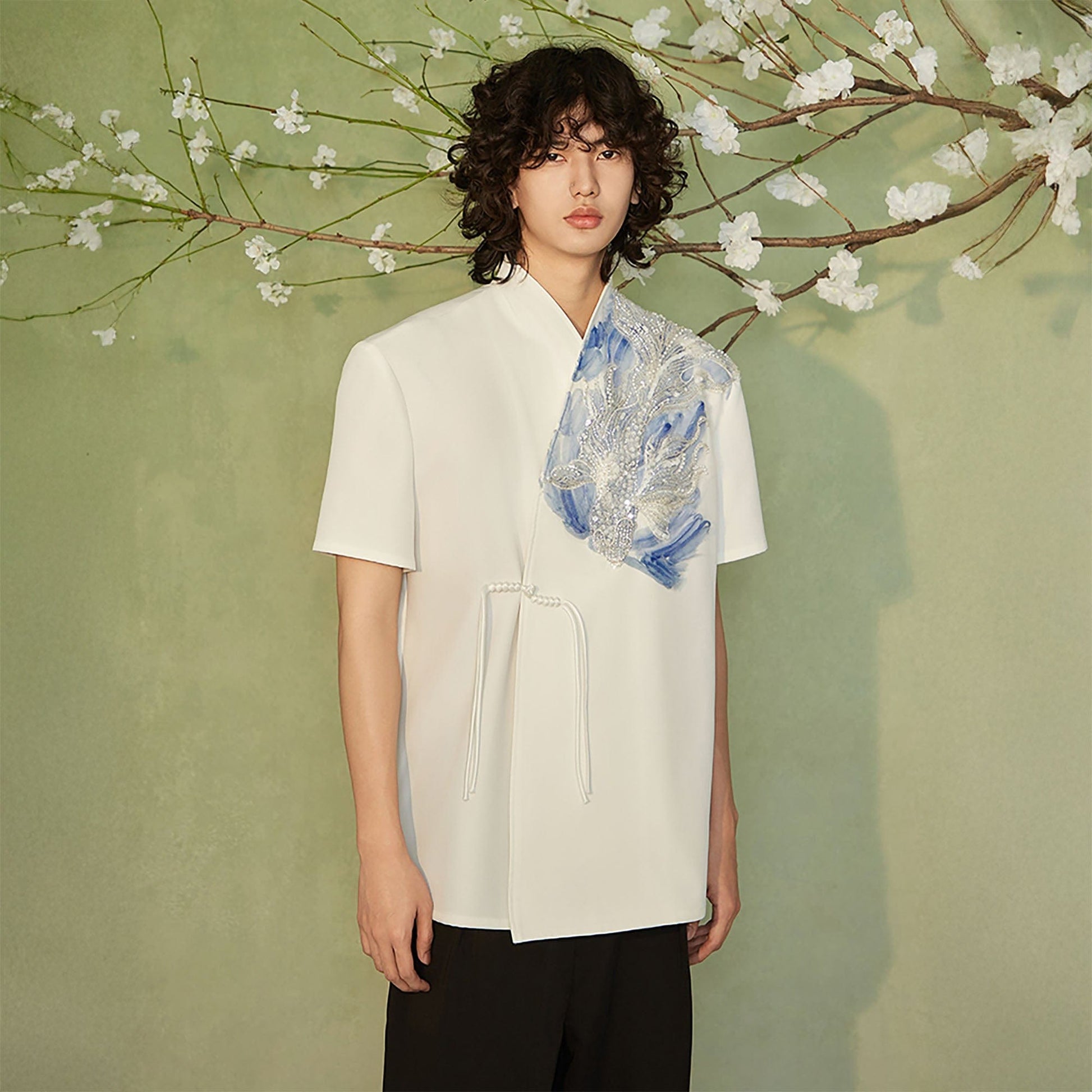 JIECHI Seascape Koi Embroidered Asymmetrical Half Shirt-Half shirt-M-Free Shipping Leatheretro