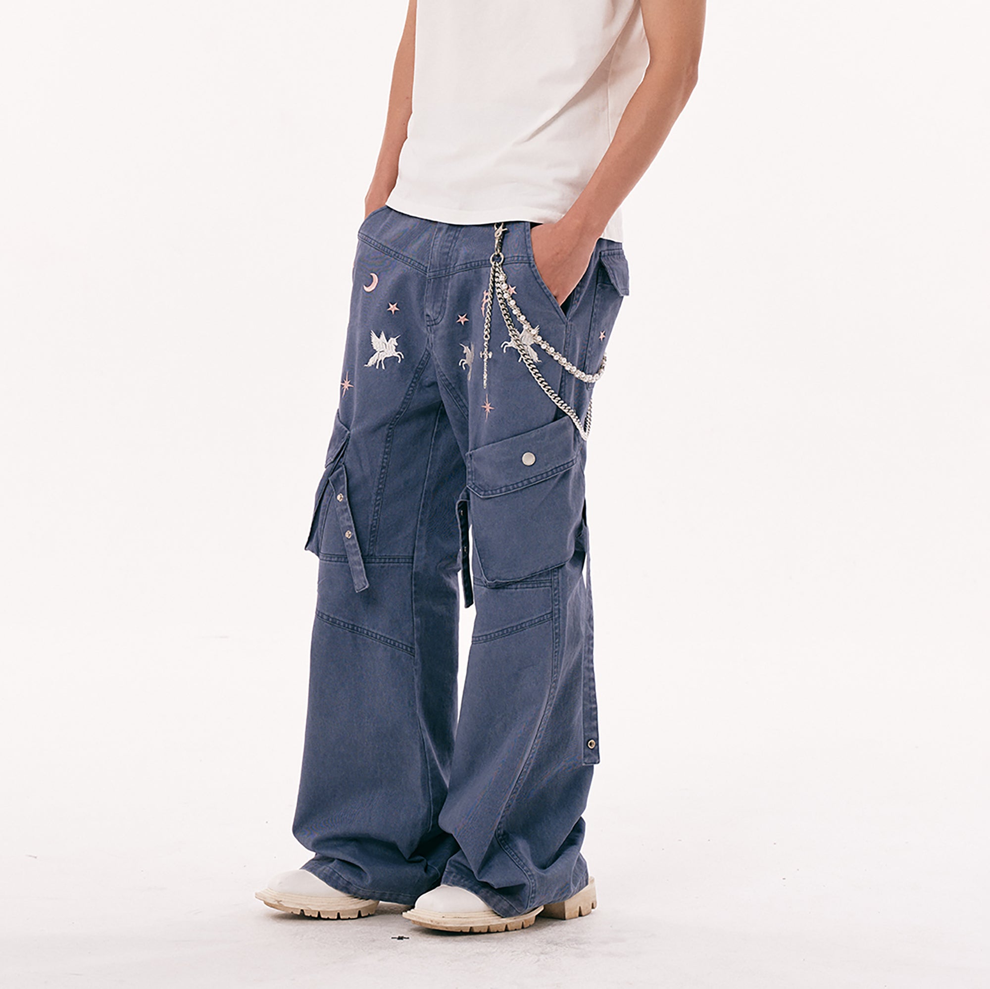 PASET Unicorn Embroidered Cargo Pants-Pants-S / 28"-Free Shipping Leatheretro