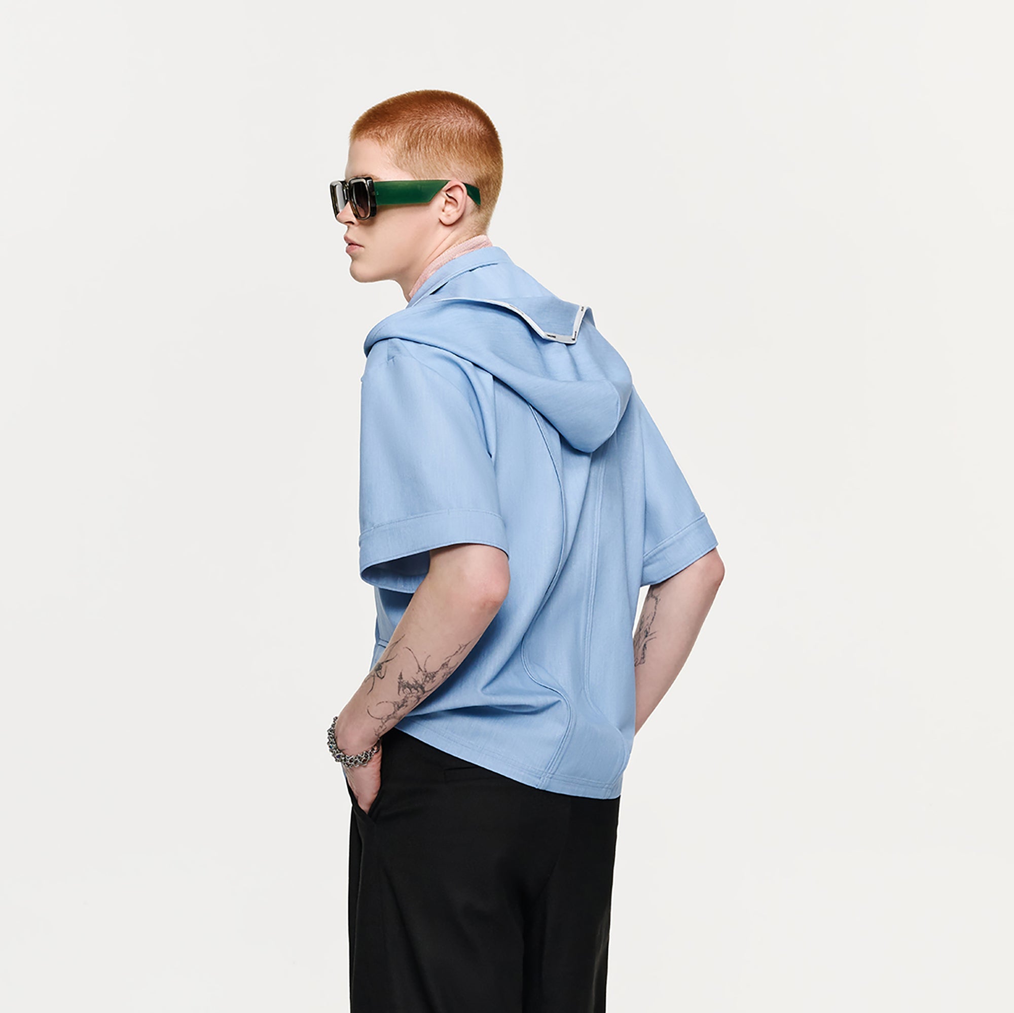 TIWILLTANG Hidden Placket Detachable Hood Half Shirt-Half shirt-S-Blue-Free Shipping Leatheretro