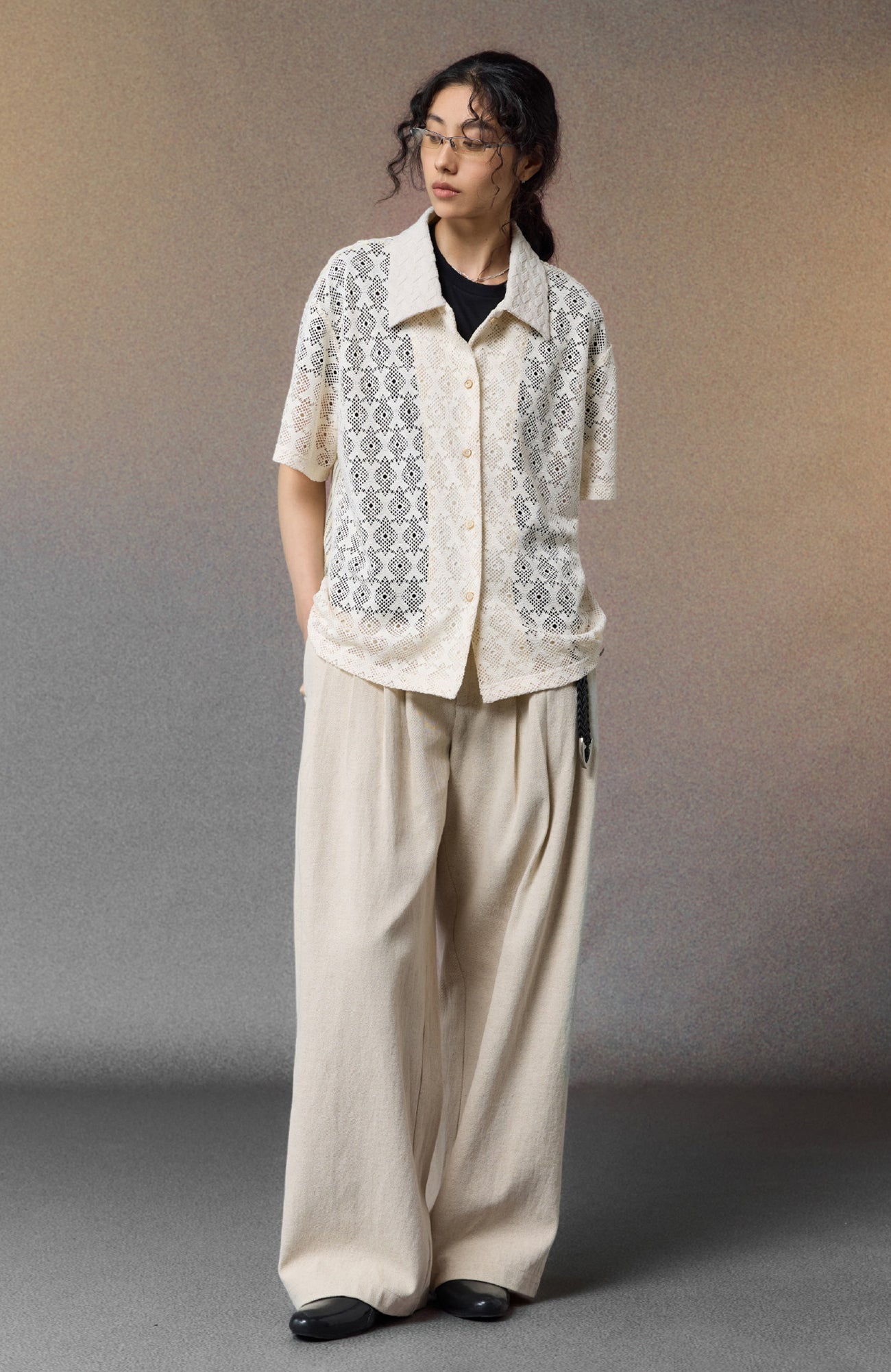 ALVNG AR ANTS Open-Knit Diamond Panel Short-Sleeve Shirt-Shirt-S-Black-Free Shipping Leatheretro
