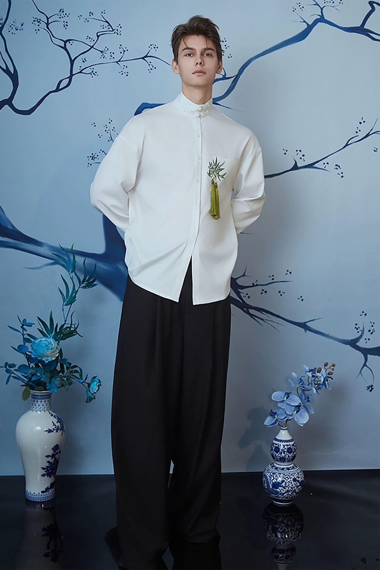 JIECHI Bamboo Tassel Embroidered Mandarin Shirt-Shirt-M-Free Shipping Leatheretro