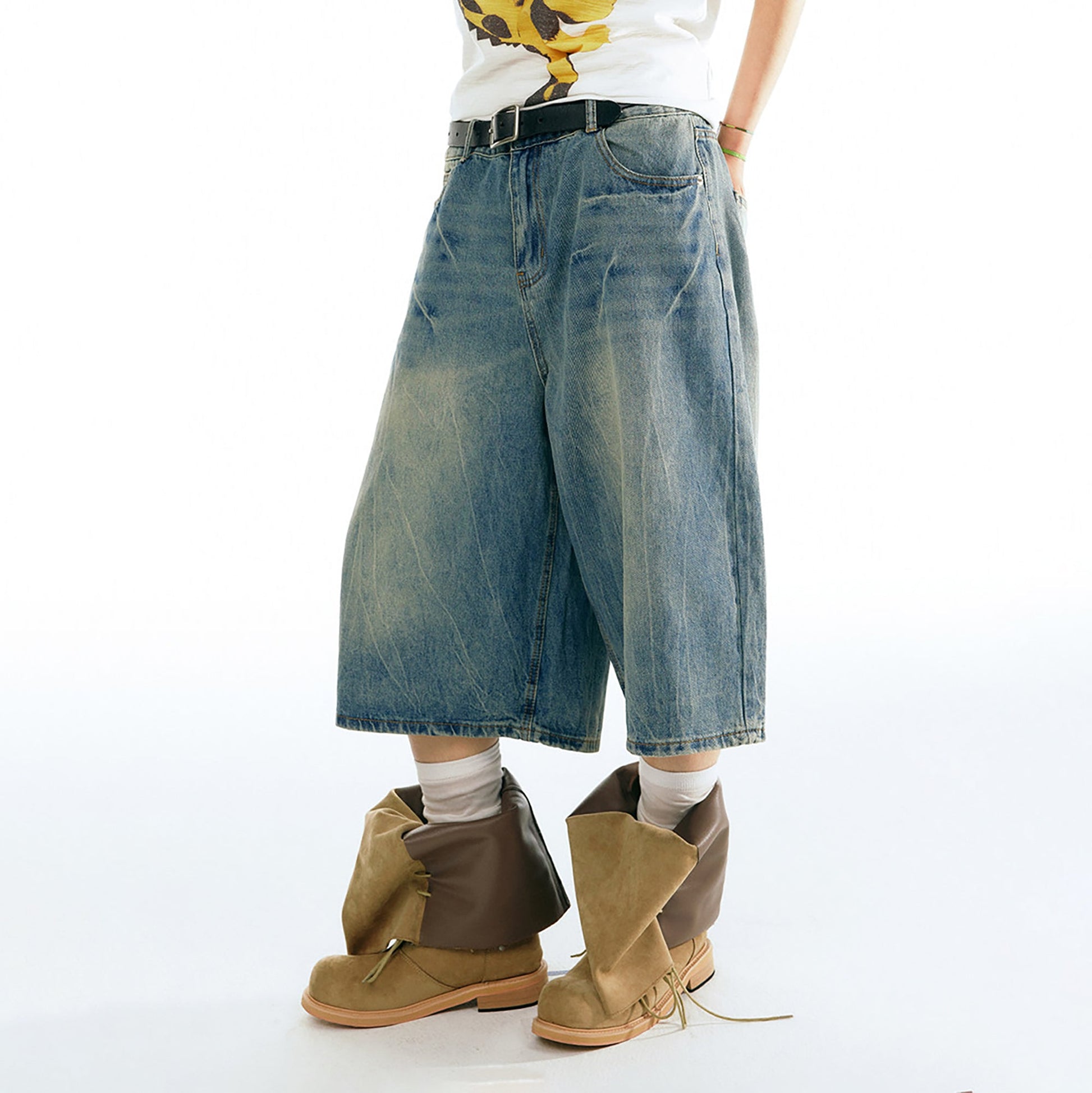 1997 POSTOFFICE Washed Wide-Leg Denim Shorts-Shorts-S (Preorder)-Free Shipping Leatheretro