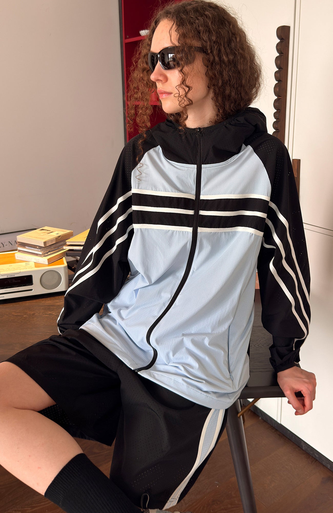 MIICHOUS Contrast Stripes Hooded UV Protection Jacket Set-Jacket-S (Preorder)-Top-Blue-Free Shipping Leatheretro