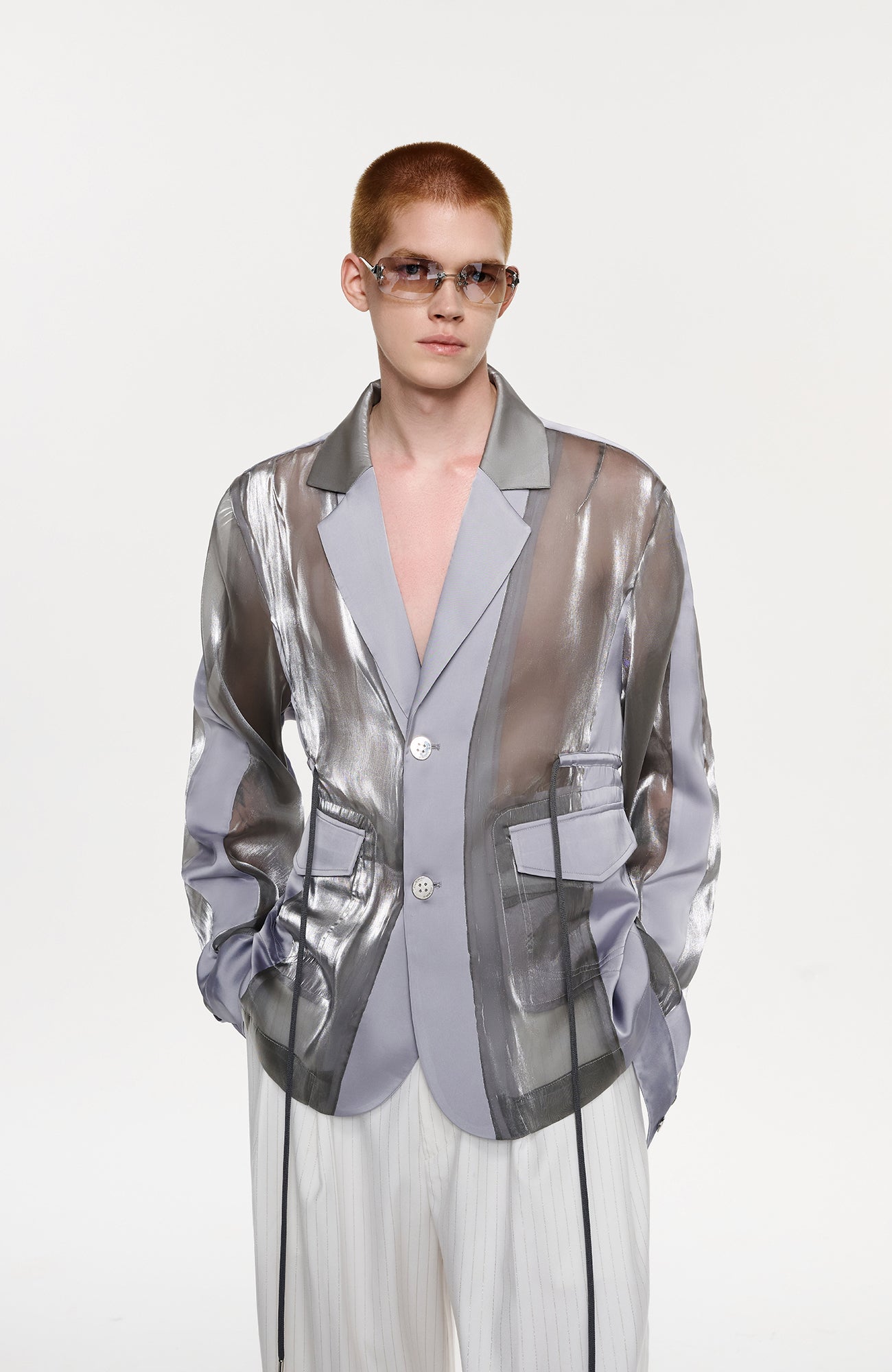 TIWILLTANG Drawstring Lustrous Paneled Blazer-Jacket-S-Free Shipping Leatheretro