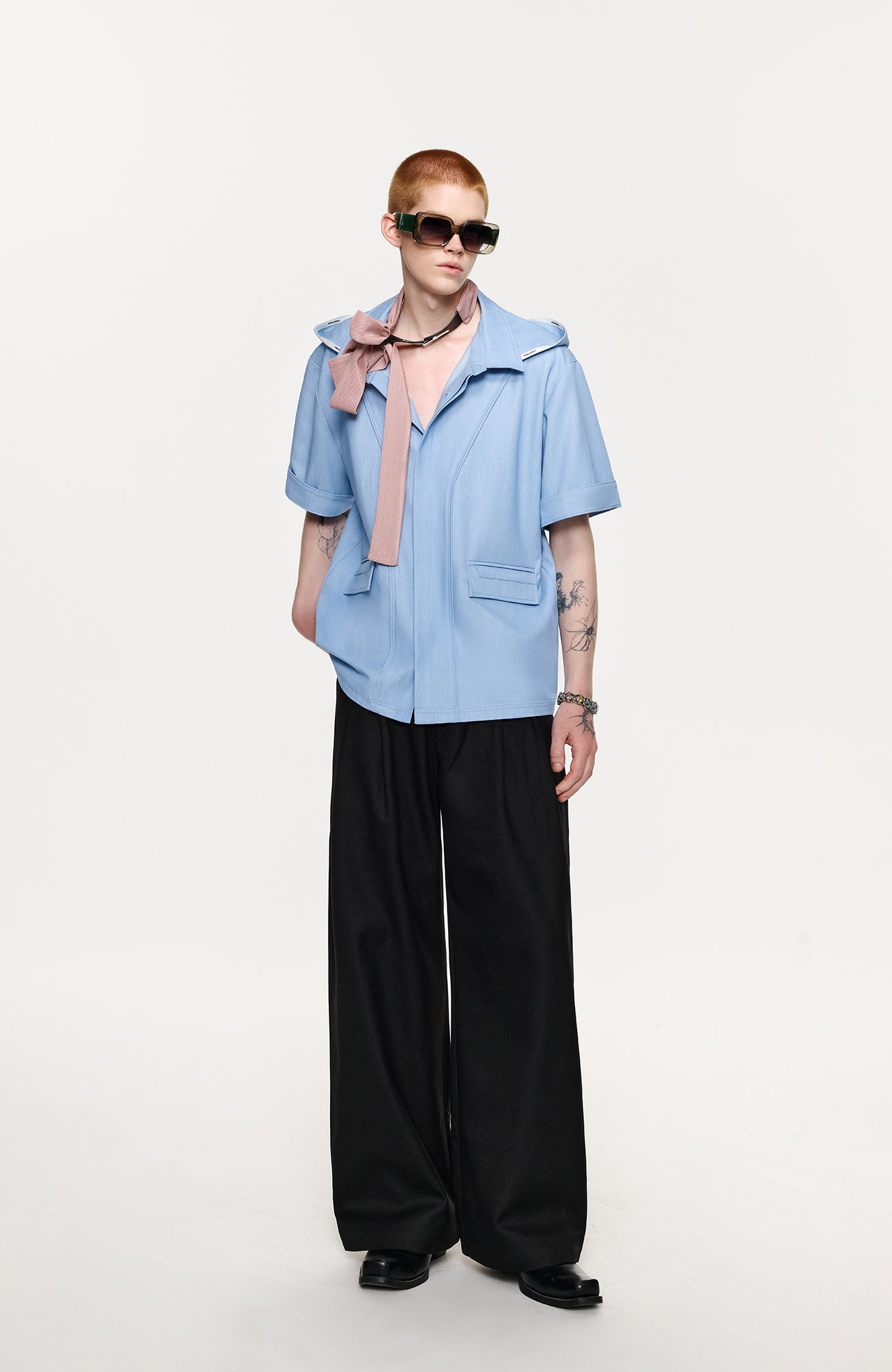 TIWILLTANG Hidden Placket Detachable Hood Half Shirt-Half shirt-S-Blue-Free Shipping Leatheretro