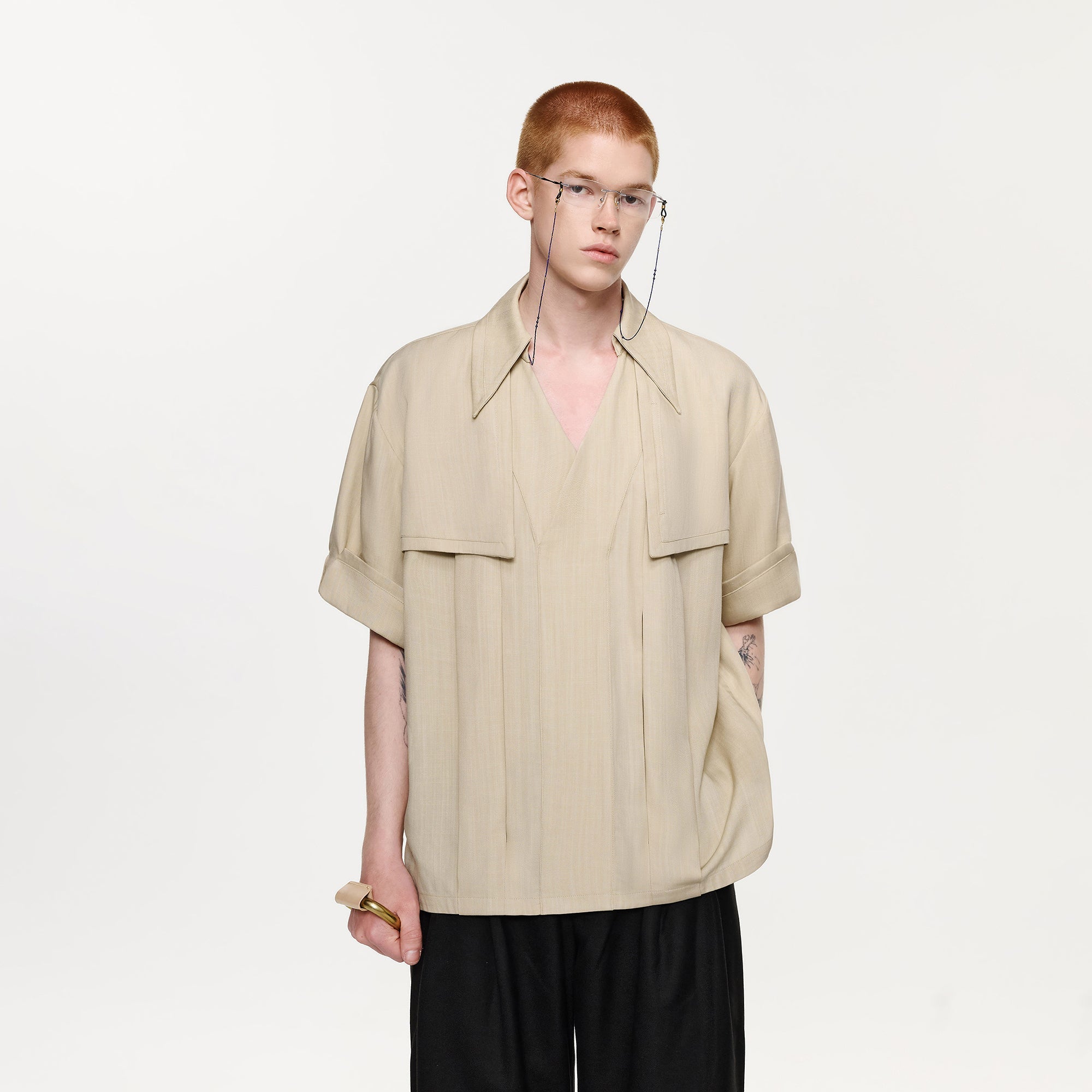 TIWILLTANG Layered Lapel Half Shirt-Half shirt-S-Khaki-Free Shipping Leatheretro