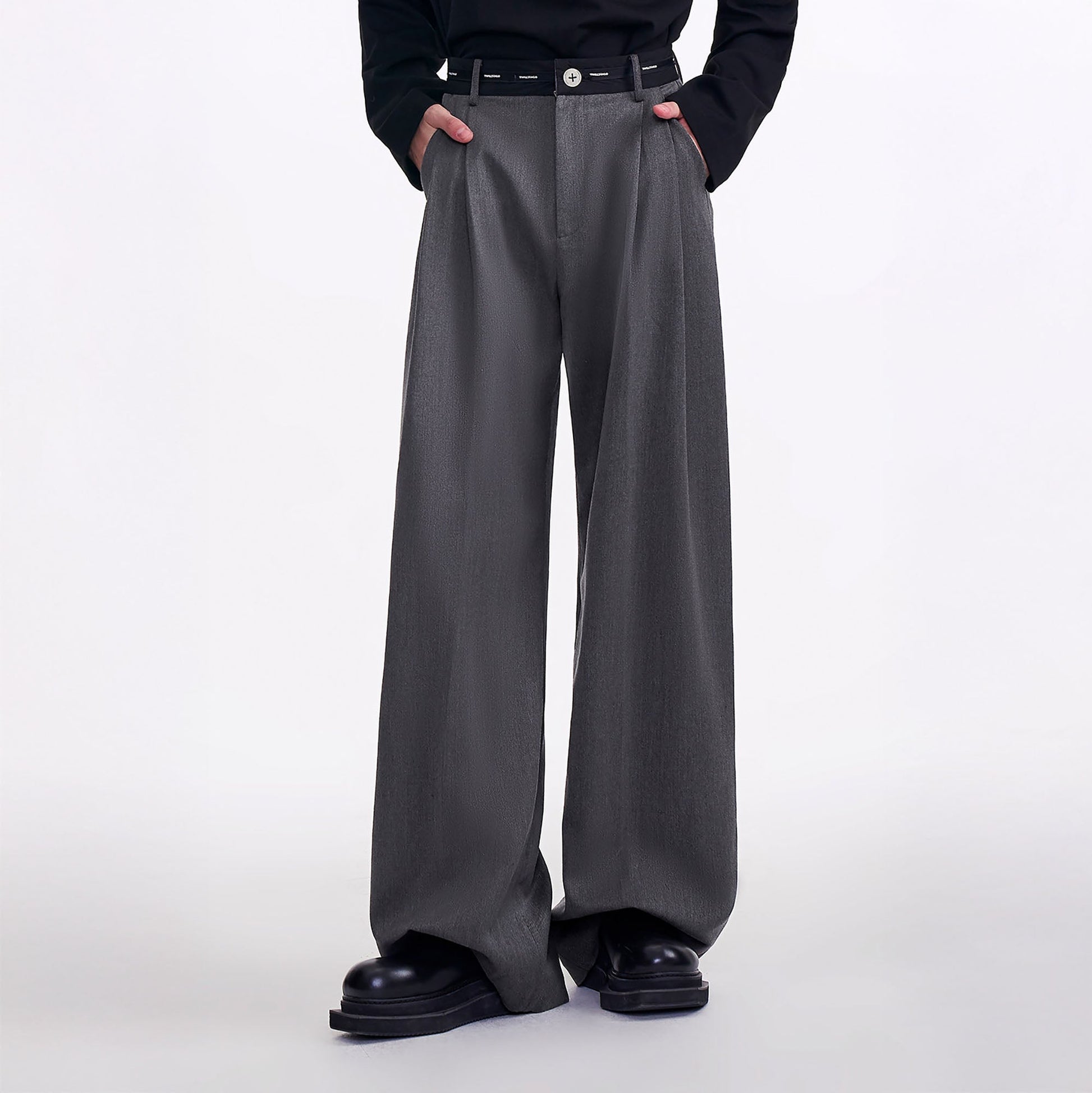 TIWILLTANG Contrast Panel Pleated Straight-Leg Pants-Pants-S-Gray-Free Shipping Leatheretro