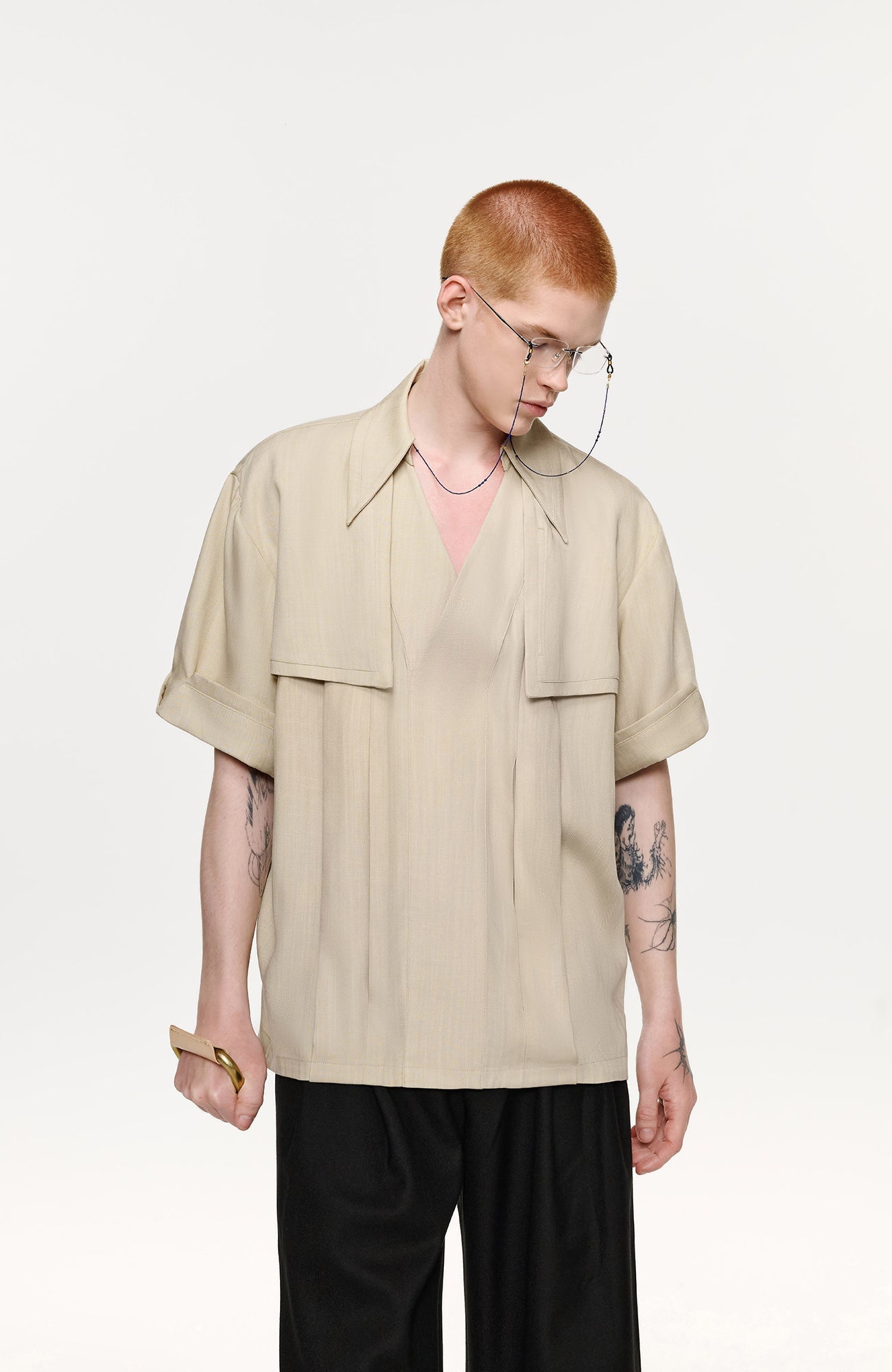 TIWILLTANG Layered Lapel Half Shirt-Half shirt-S-Khaki-Free Shipping Leatheretro