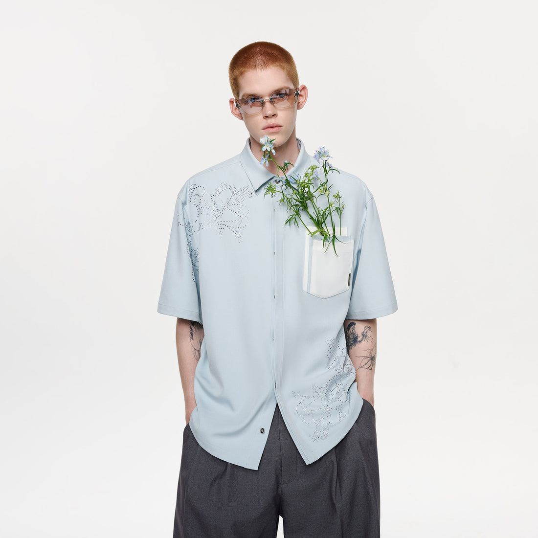TIWILLTANG Floral Diamond Layered Pocket Half Shirt-Half shirt-S-Free Shipping Leatheretro