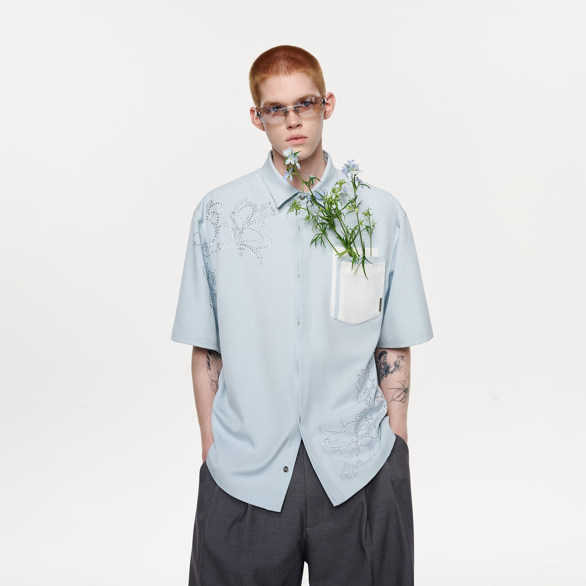 TIWILLTANG Floral Diamond Layered Pocket Half Shirt-Half shirt-S-Free Shipping Leatheretro