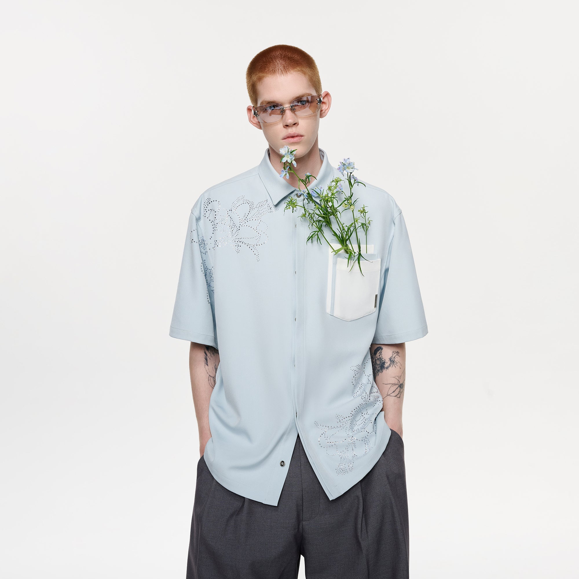 TIWILLTANG Floral Diamond Layered Pocket Half Shirt-Half shirt-S-Free Shipping Leatheretro
