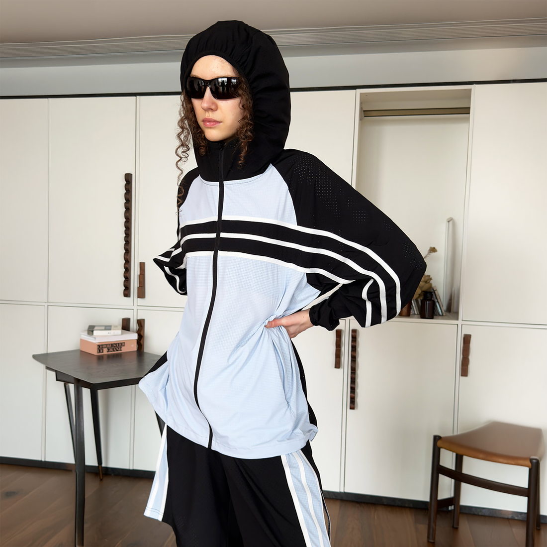 MIICHOUS Contrast Stripes Hooded UV Protection Jacket Set-Jacket-S (Preorder)-Top-Blue-Free Shipping Leatheretro