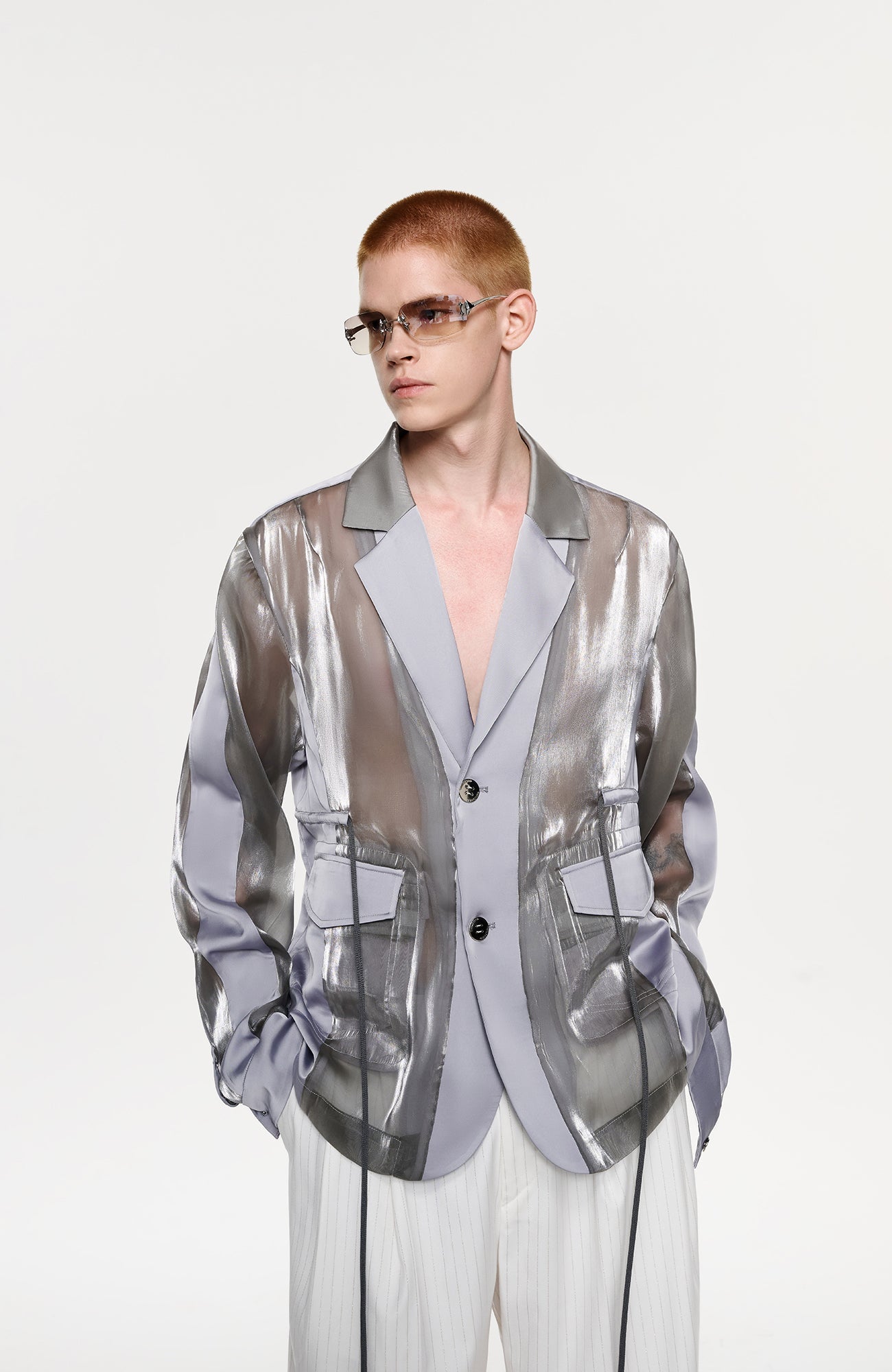 TIWILLTANG Drawstring Lustrous Paneled Blazer-Jacket-S-Free Shipping Leatheretro