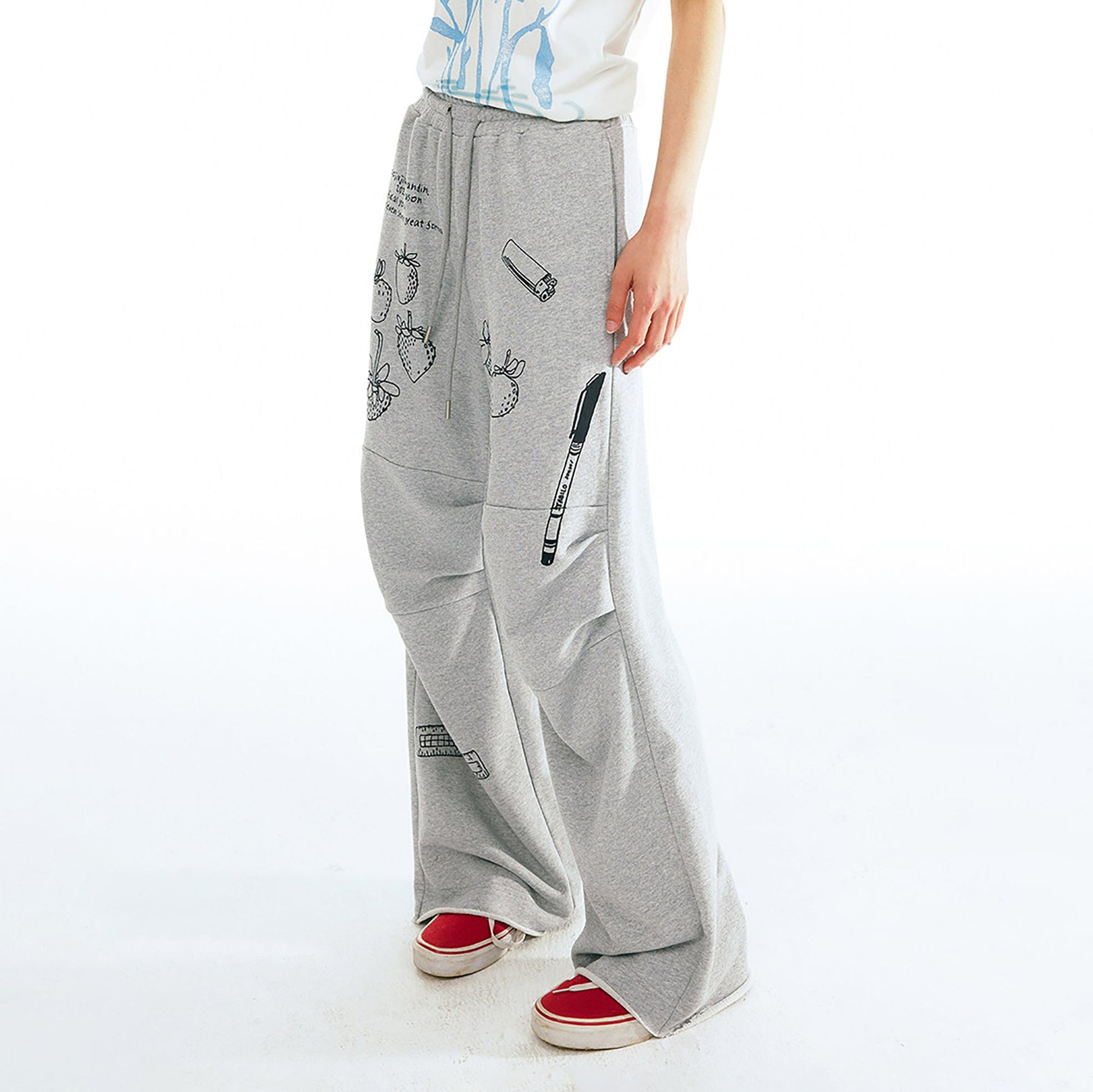 1997 POSTOFFICE Strawberry Graphic Pleated Wide-Leg Sweatpants-Pants-S (Preorder)-Free Shipping Leatheretro