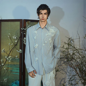 JIECHI Vine Rose Embroidered Striped Shirt-Shirt-M-Free Shipping Leatheretro