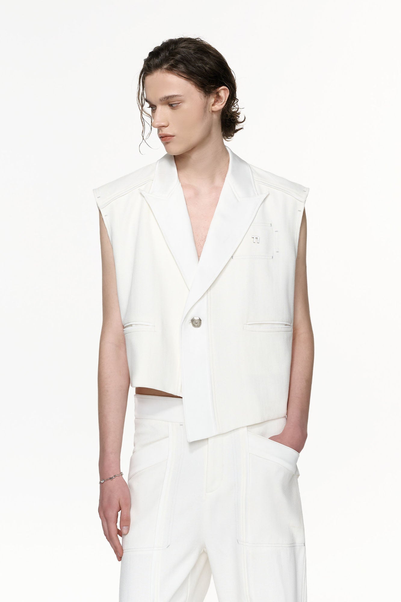 TIWILLTANG Asymmetrical Lapel Vest White-Vest-S (Preorder)-Free Shipping Leatheretro